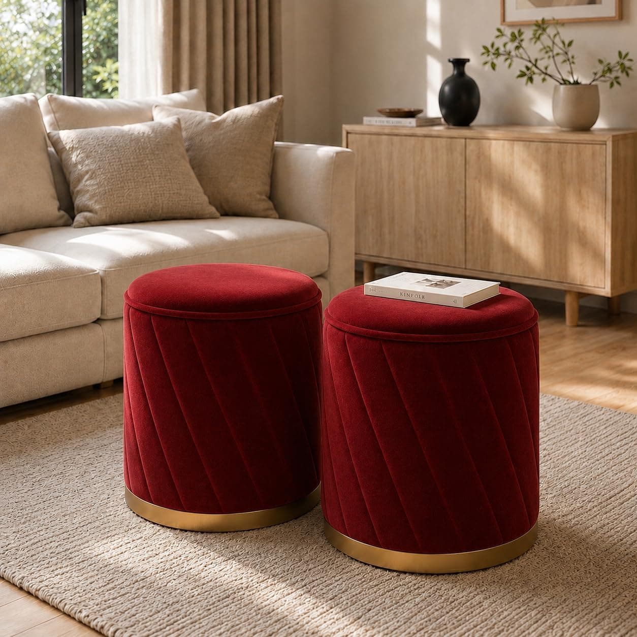JUMBO CRAFTS Luxury Round Velvet Ottoman Stool with Gold Base – Modern Upholstered Footrest Pouffe, Tufted Vanity Seat, Living Room Bedroom Dressing Stool, Red, 2