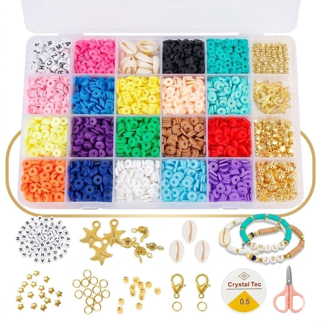 AORDEY Polymer Clay Beads Kit for Bracelet Making | 24 Colors Flat Round Heishi Beads with Letter Beads | Charms Shells and Elastic String | DIY Jewelry Making Craft Kit for Girls Teens Adults