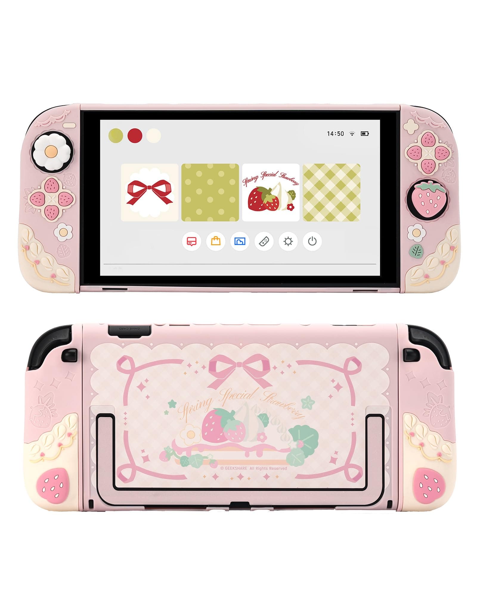 GeekShare Strawberry Protective Case Compatible with Switch 2, Slim Separable Soft Silicone Cover Shell with 2 Thumb Grip Caps for Switch 2025 Game Console & Joystick (Pink)