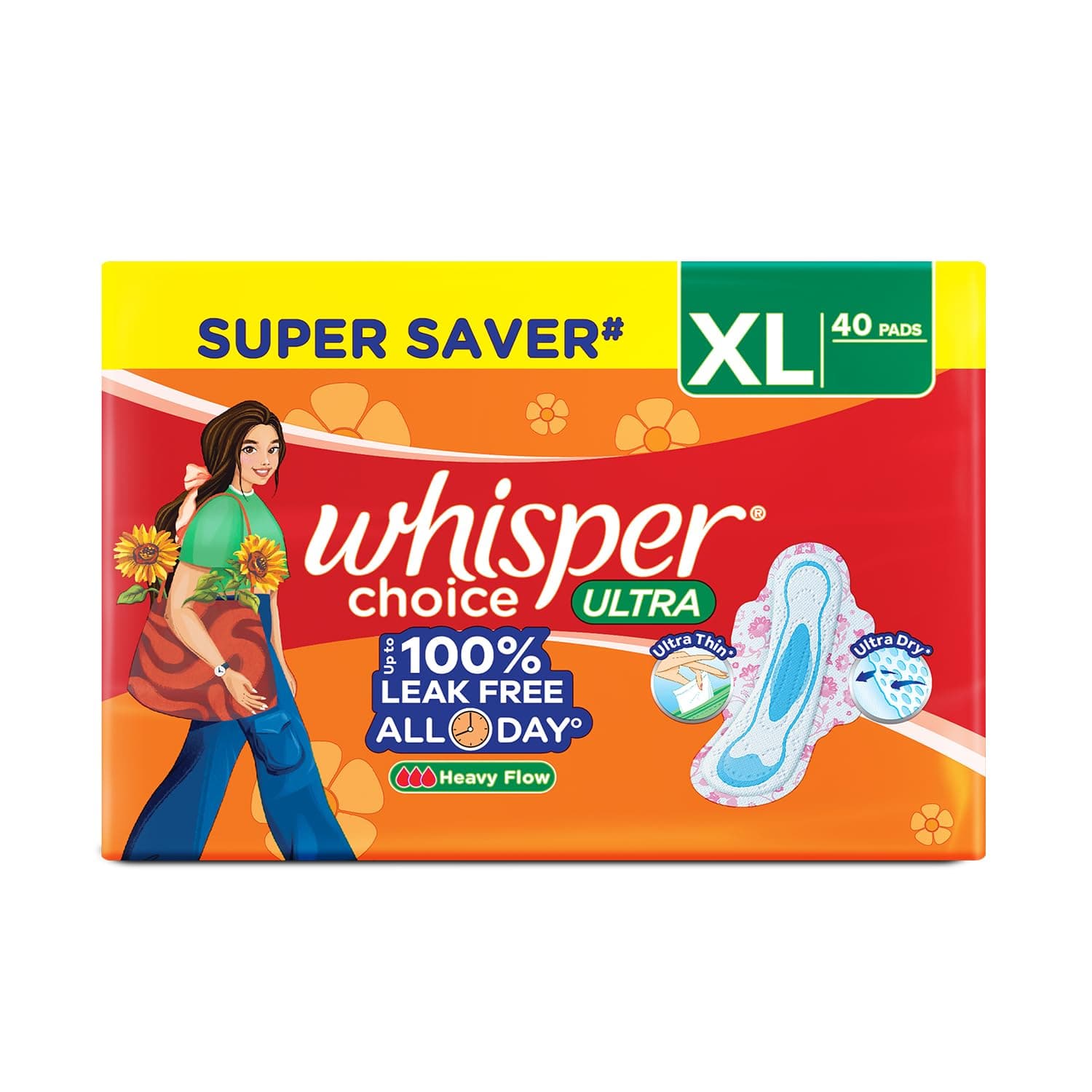 Whisper Choice Sanitary Pads with Wings for Women, XL, 40s Napkins