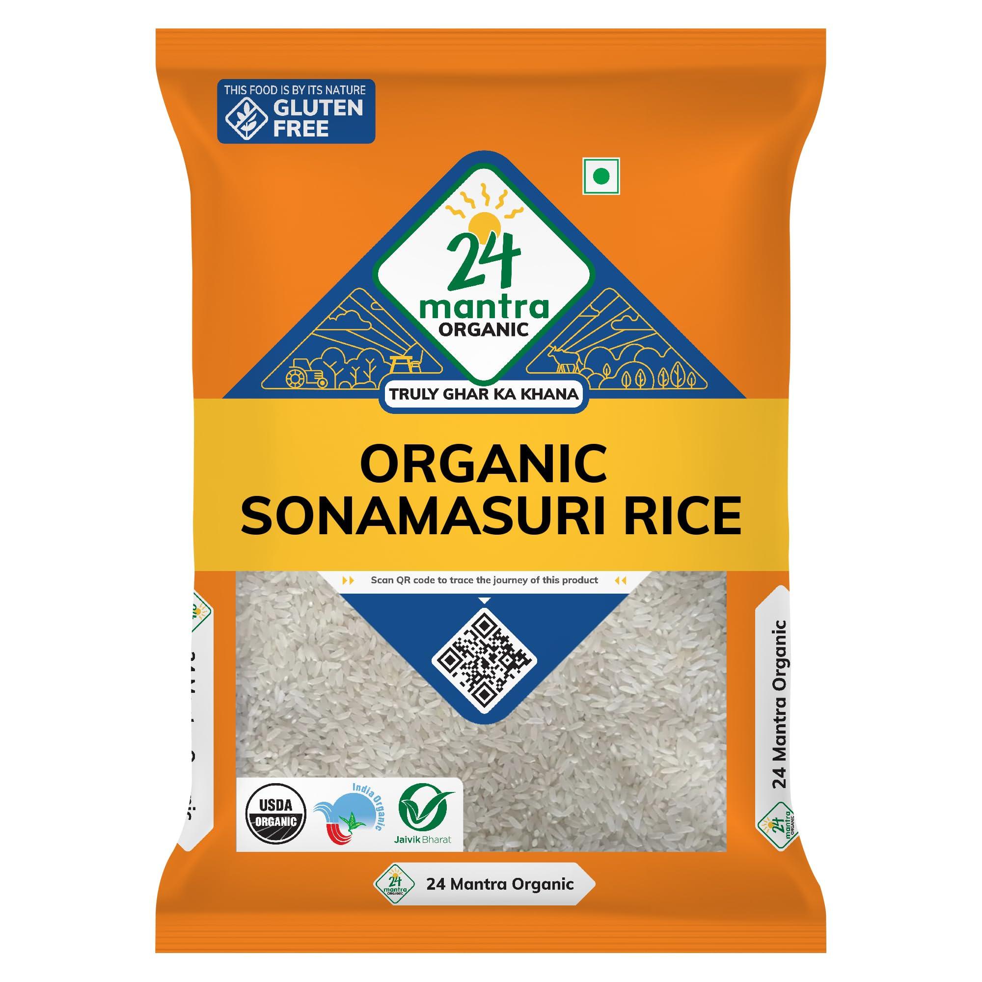 24 Mantra Organic Sonamasuri Polished Raw Rice/Sonamasoori Chawal - 5 Kg | Pack of 1 | 100% Organic | Chemical Free & Pesticides Free