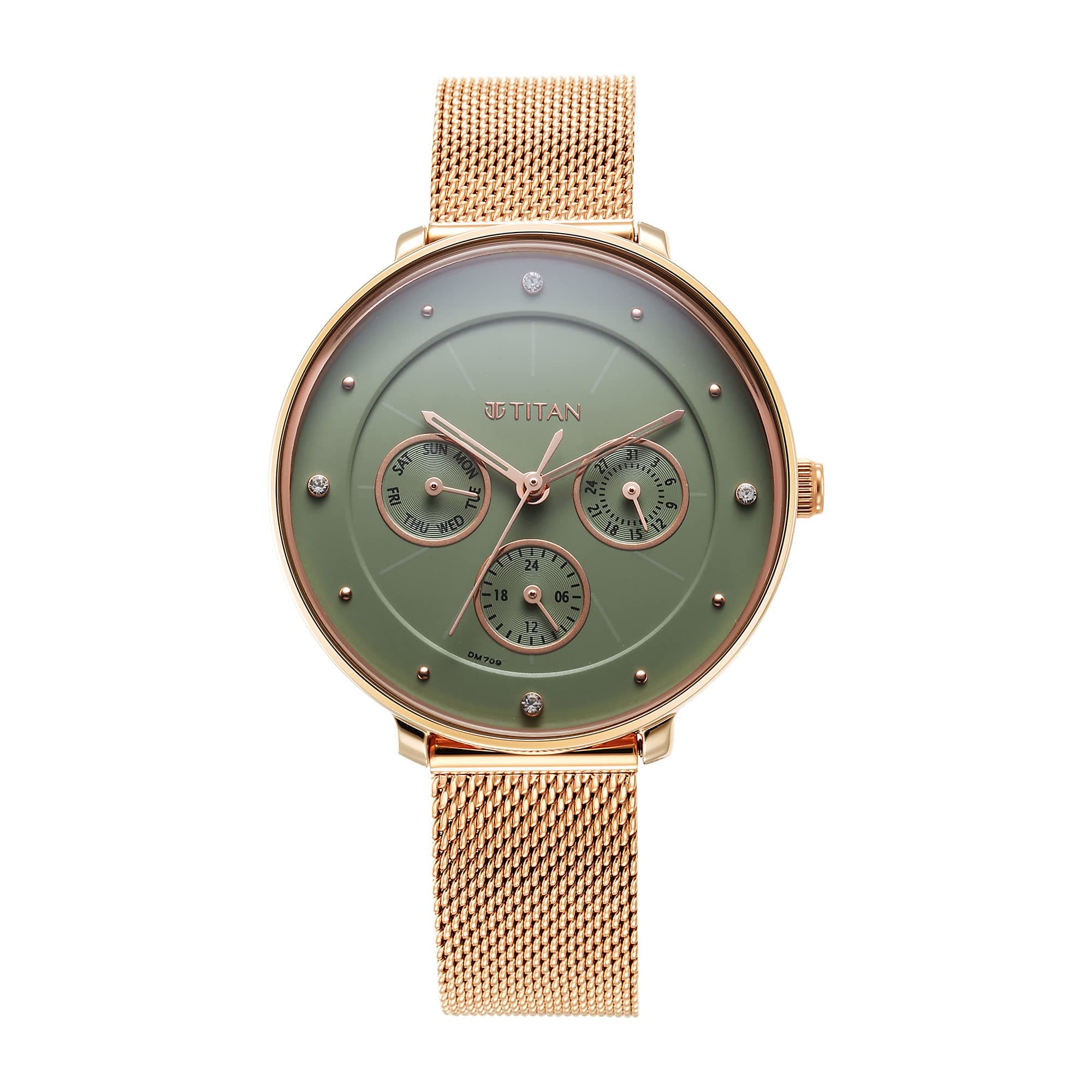 Titan Neo Quartz Multifunction Green Dial Rose Gold Stainless Steel Strap Watch for Women - NT2651WM05