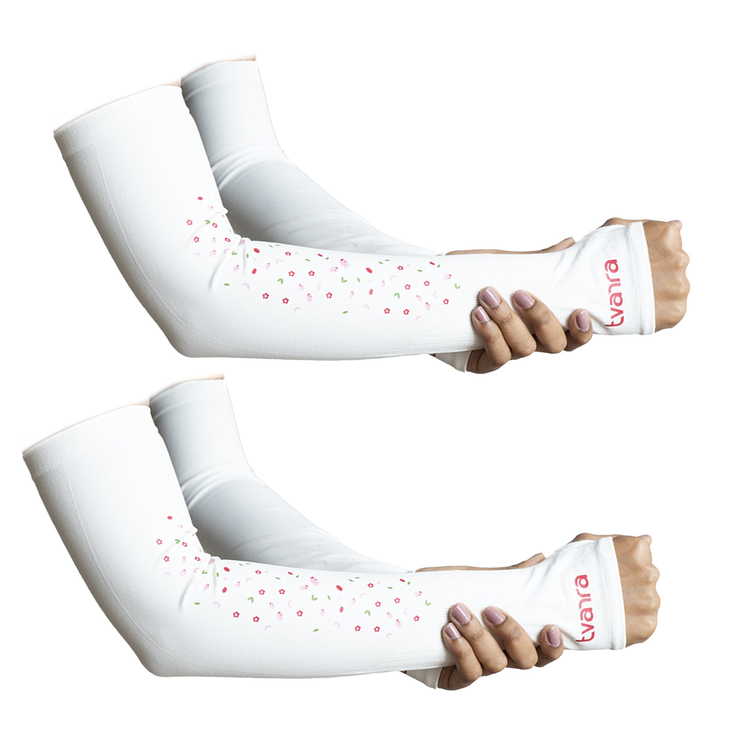 TVARRA Anti-Tan Fingerless Arm Sleeves for Women| UV Sun Protection Hand Cover Sleeves for Bike Riding, Running,Outdoor Use, Dust, Winter & Summer Protection Arm Sleeves for Girls (White Pack of 2)