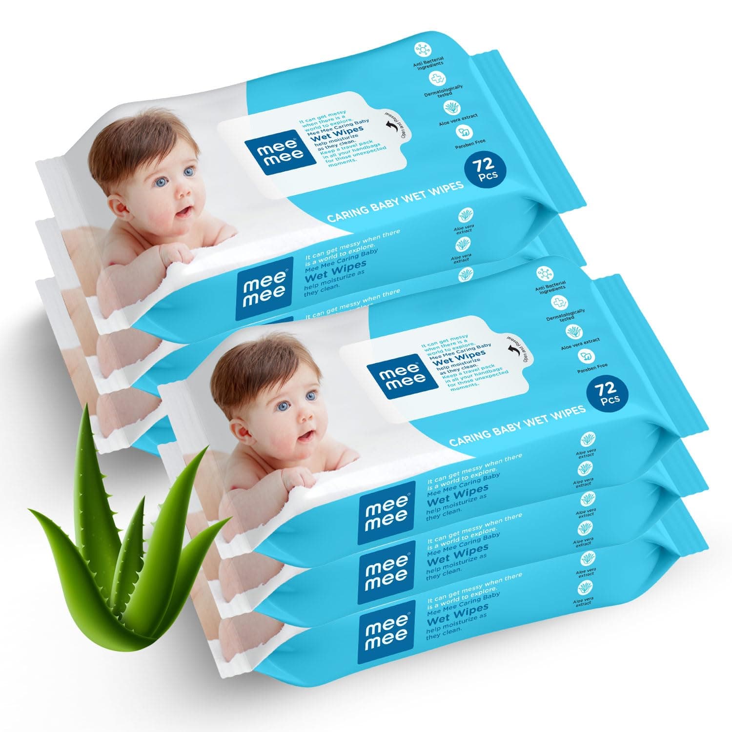 Mee Mee Soft Gentle Wet Wipes (72 Wipes per Pack, Pack of 6) | Aloe Vera & Vitamin E Infused | Paraben & Sulfate Free Cleansing Wipes
