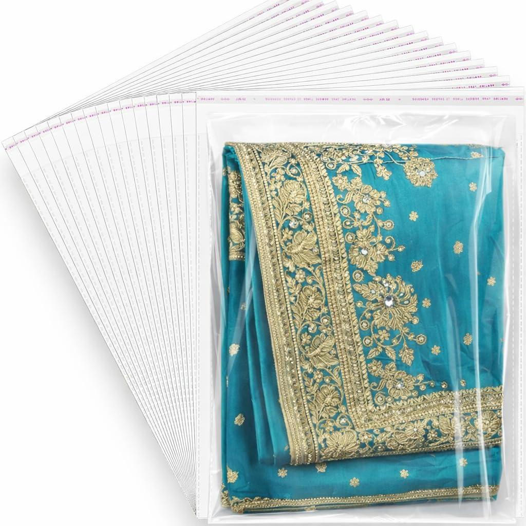 RAAHII 50 piece Plastic packing Transparent Sealable Poly Bags For Saree suit shirt jacket Clothes cover storage in wardrobe (14X20, 50, count)