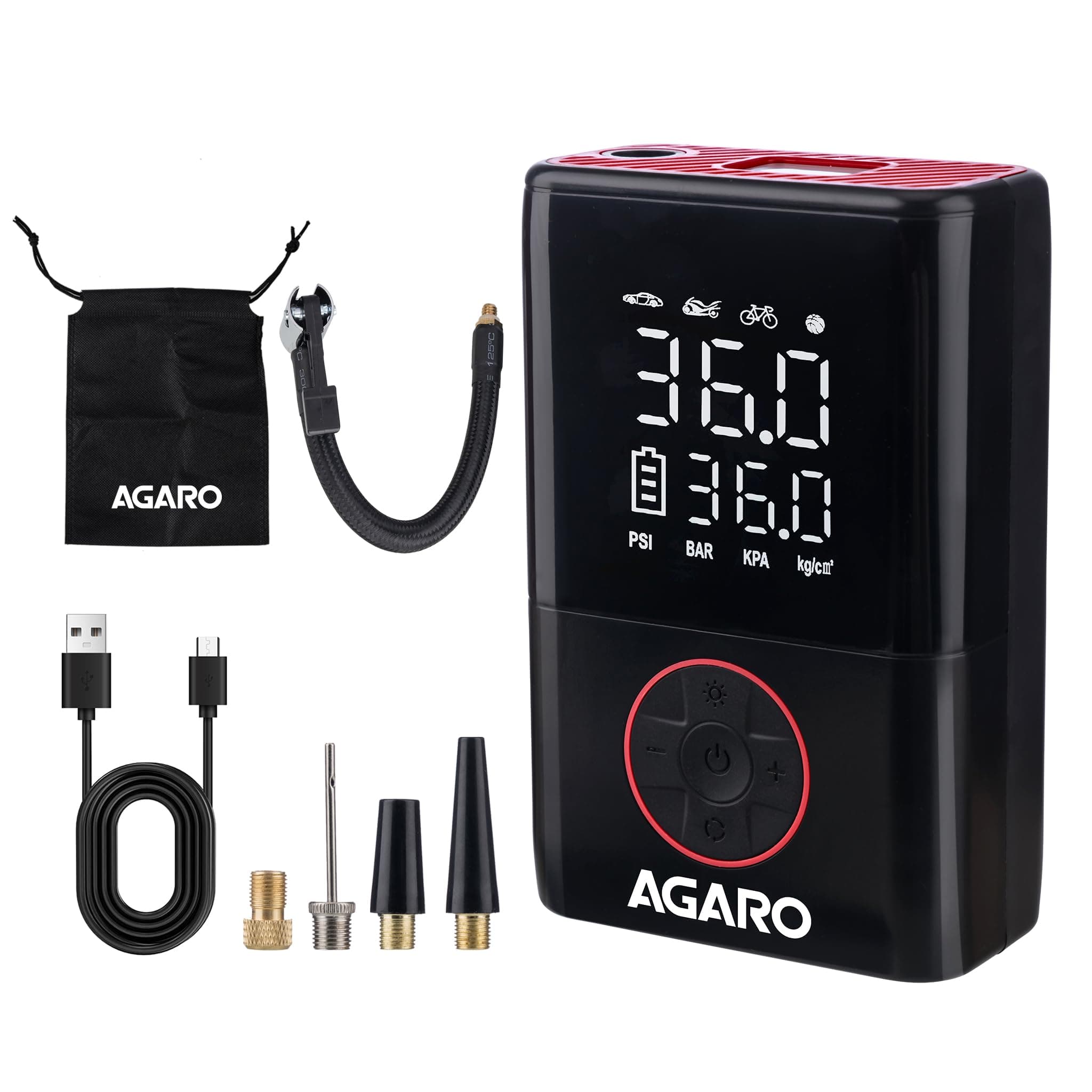 AGARO Regal New Portable Tyre Inflator for Cars & Bikes, 18L/min of Airflow, Upto 150 PSI, 4000 mAh (2 * 2000) Batteries, LED Flash Light, Rechargeable Type C Port, Digital Display, Multiple Nozzles