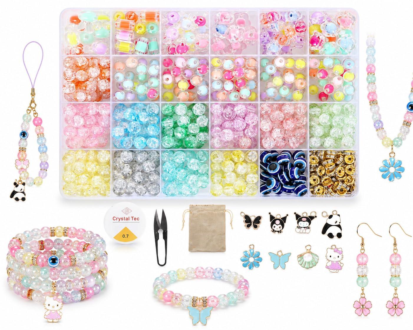 Ambitieux DIY Bracelet Making Kit – 575+ Beads Jewelry Set with Glass, Double, Charms Pendants Accessories, Evil Eye, Elastic Thread, Cutter & Jute Bag – Craft Kit for Girls, Kids & Adults birthday 2 3 4 5 6 7 8 9 years (Crackle)