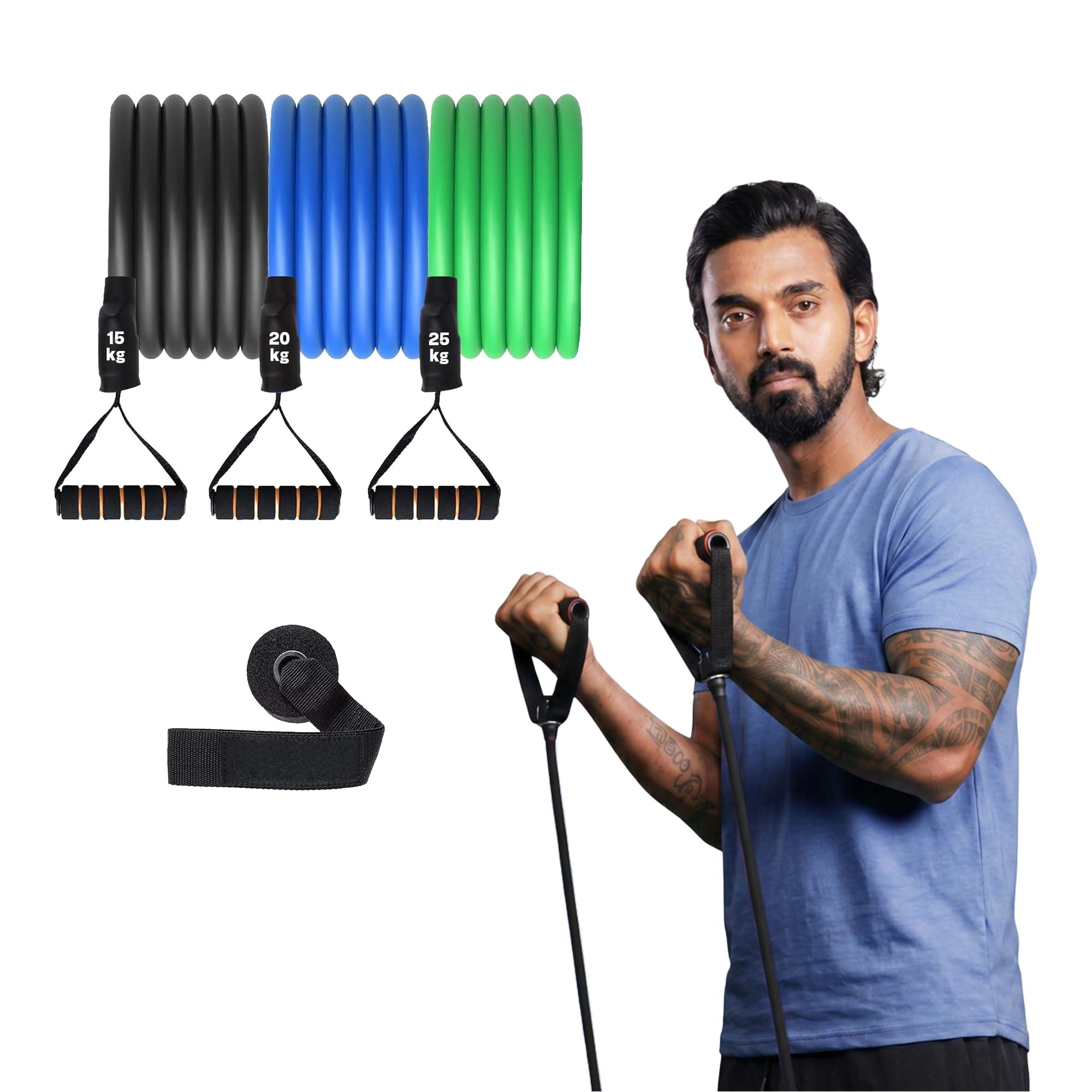 Boldfit Resistance Tube with Foam Handles, Door Anchor for Exercise & Stretching, Suitable in Home & Gym Workout for Men & Women Resistance Tube for Workout Exercise & Stretching -(Black, Blue, Green)