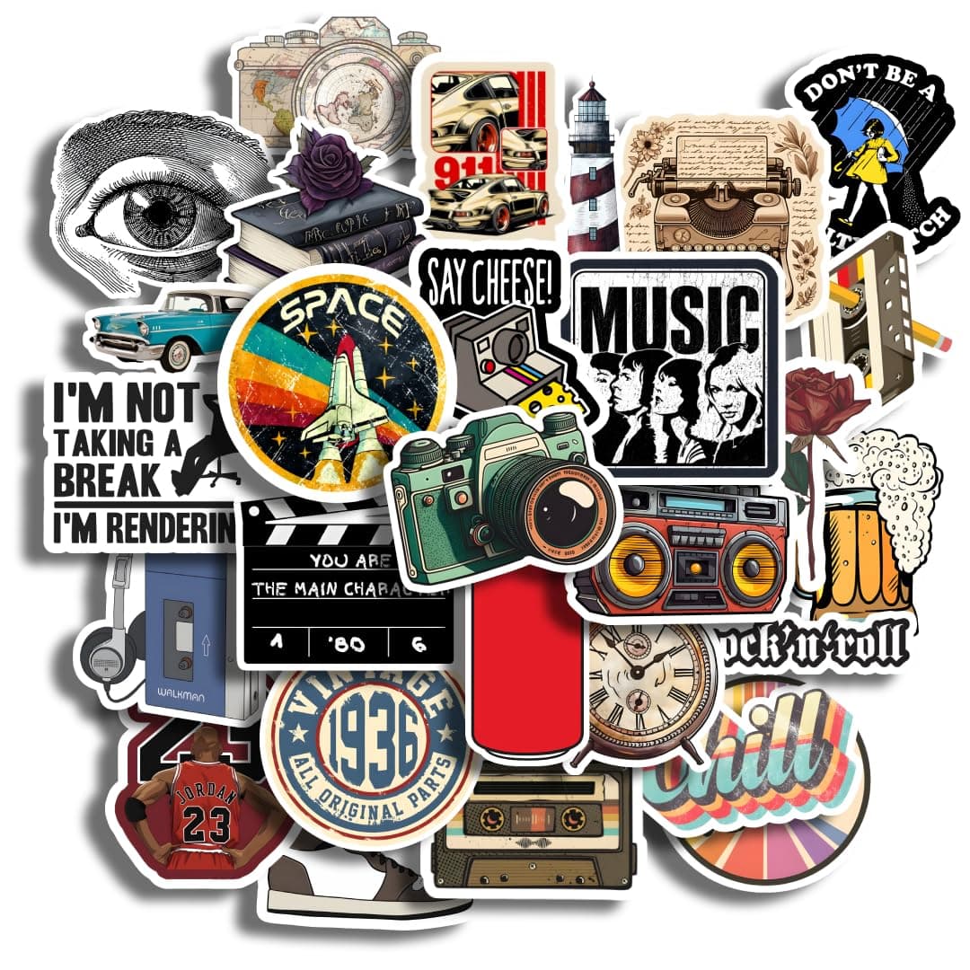 28Pcs Vintage Vinyl Stickers - Waterproof and Residue-Free for Laptops, Journals, Scrapbooks, Water Bottles, Guitars, and More