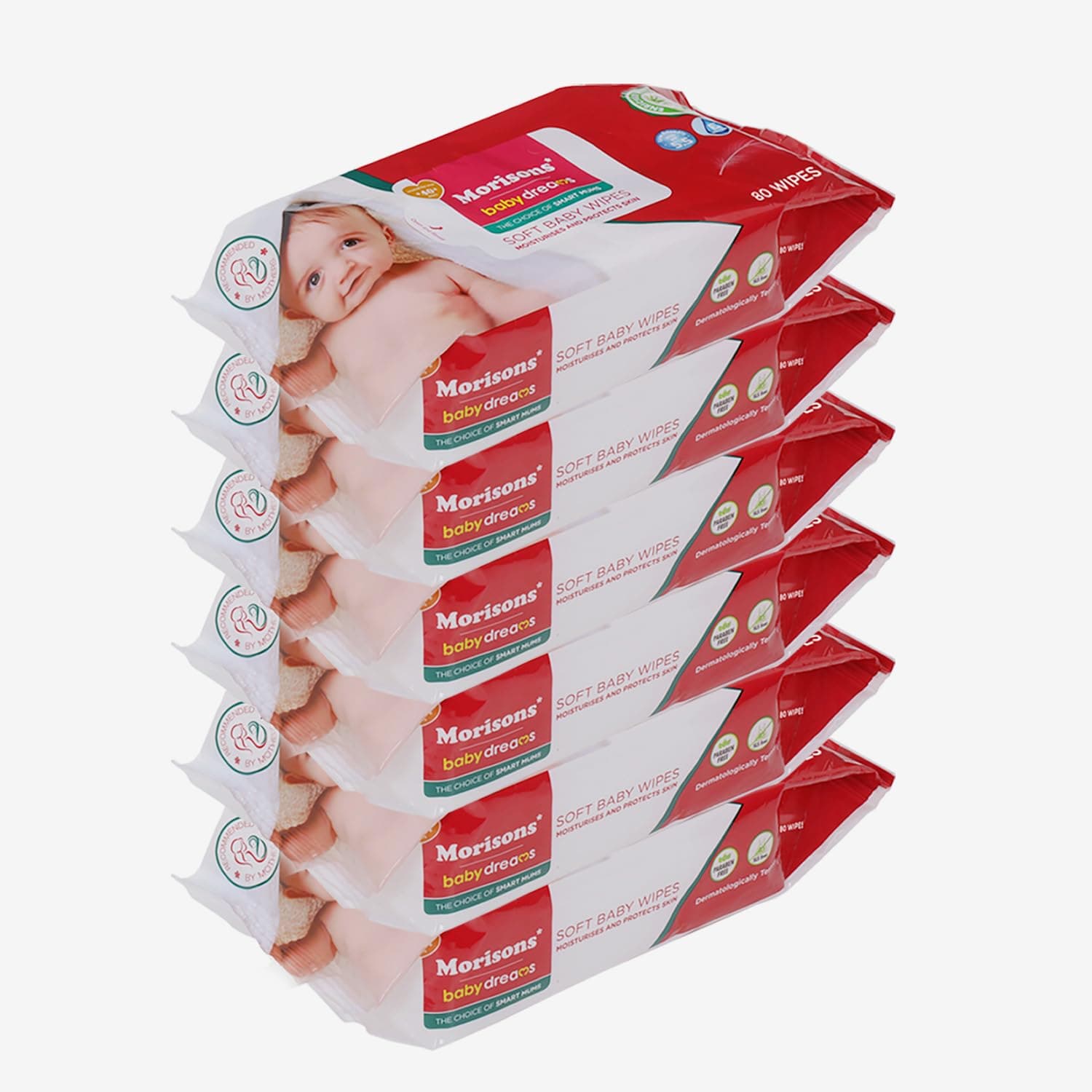 Morisons* babydreams THE CHOICE OF SMART MUMS Baby Dreams Soft Baby Wipes - 80S Pack Of 6| Dermatologically Tested For Baby's Gentle Skin|Goodness Of Aloe Extract & Vitamin E|Ph 5.5|97.5% Water Wipes