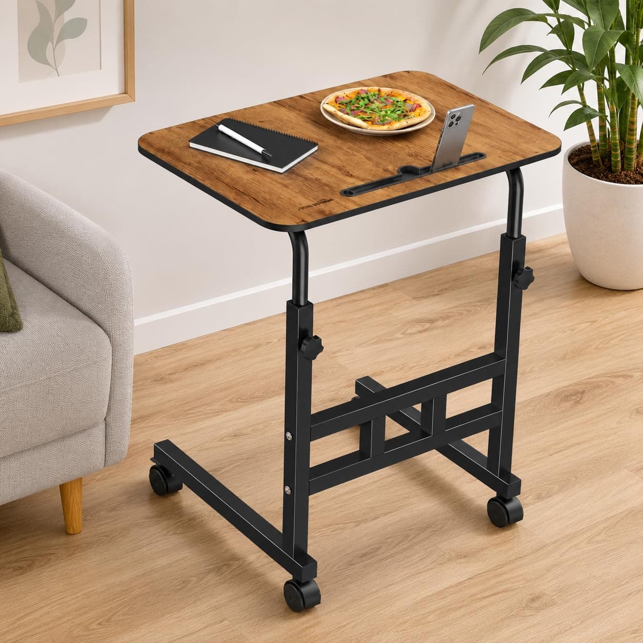amazon basics Adjustable Sofa Side Table with Wheels, Portable Bedside Table for Bed and Sofa, Rolling Study Desk, Height Adjustable 26-34 Inch, 23.5 x 15.5 Inch Top Brown