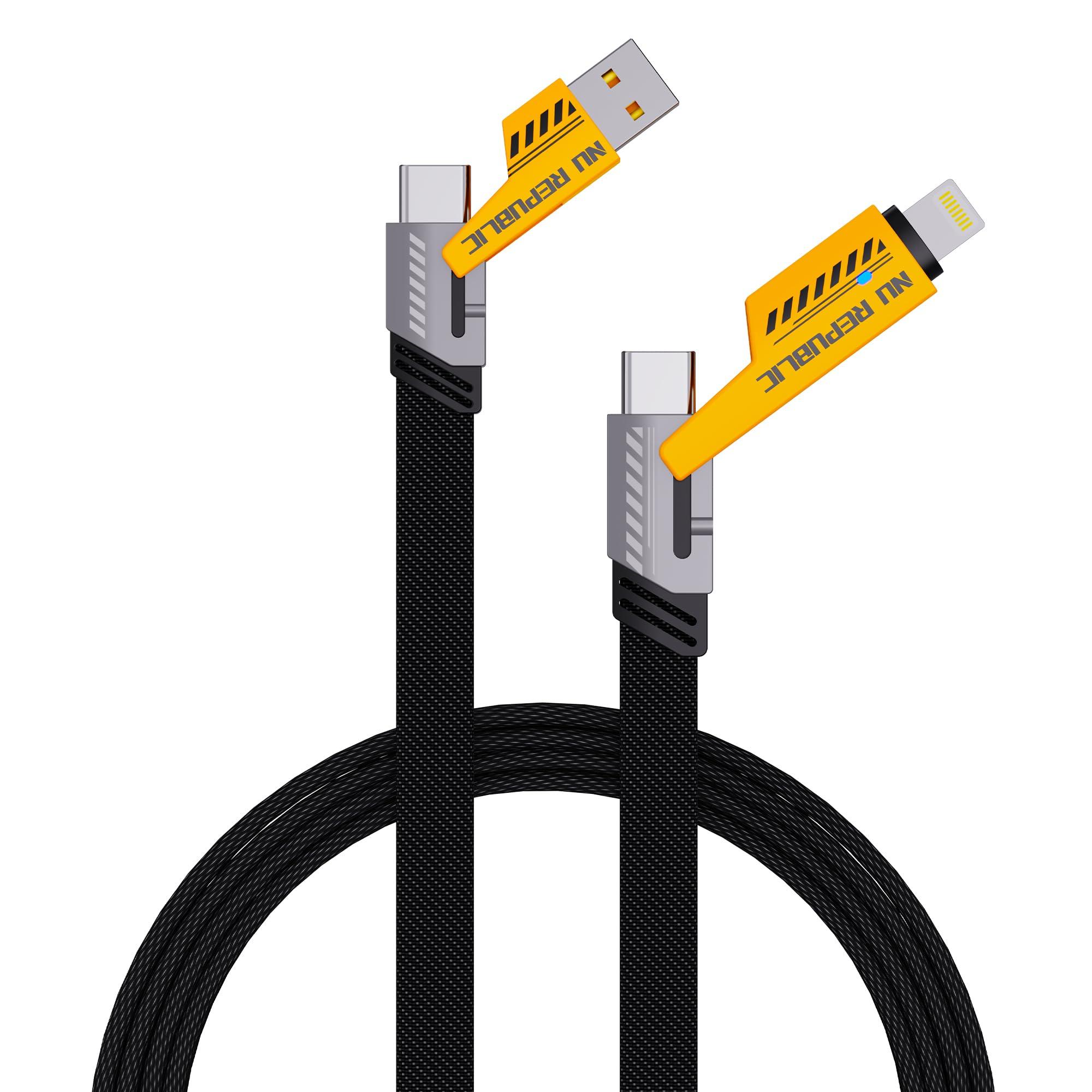 Nu Republic Blaze Fusion-Q 65W 4-in-one 1.2m USB-A to Type-C to Type-C + Type-L Metal Connector Fast Data Charging Carbon Texture Braided Cable For Smartphone (Black)