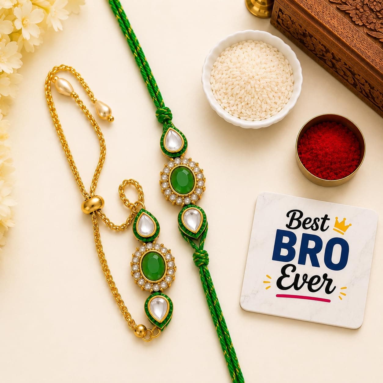 eCraftIndia Designer Green Kundan Bhaiya Bhabhi Rakhi with Best Bro Ever Fridge Magnet, Premium Lumba Rakhi Set for Brother & Bhabhi, Raksha Bandhan Gift with Roli Chawal