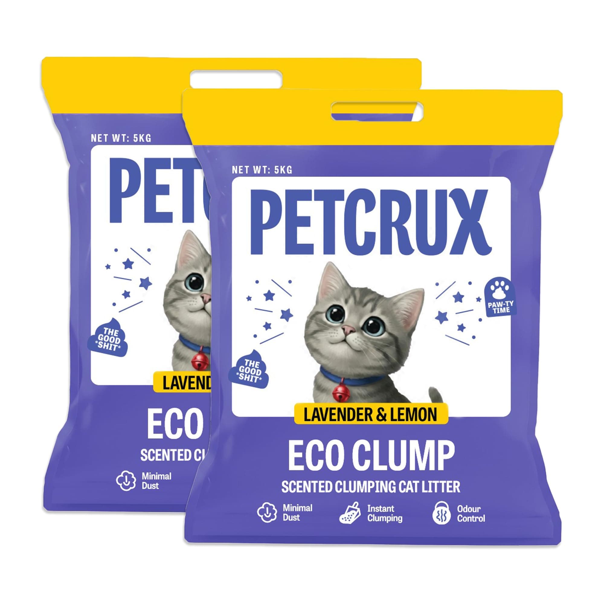 PetCrux Eco Clump Cat Litter 5kg, 2 Packs of 5kg, Lavender & Lemon Scented, 100% Natural Bentonite Clay, 99% Dust-Free, Low-Tracking, Rapid Clumping & Odour Lock, for All Breeds