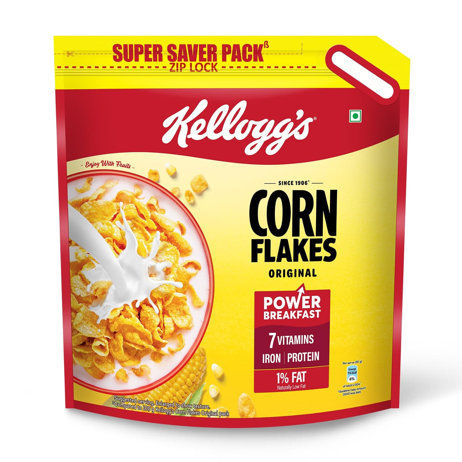 Kellogg's Corn Flakes Original | Power of 5: Energy, Protein, Iron, Calcium, Vitamins B1, B2, B3 & C | Corn Flakes, Breakfast Cereal | Naturally Cholestrol Free, 1150Gm