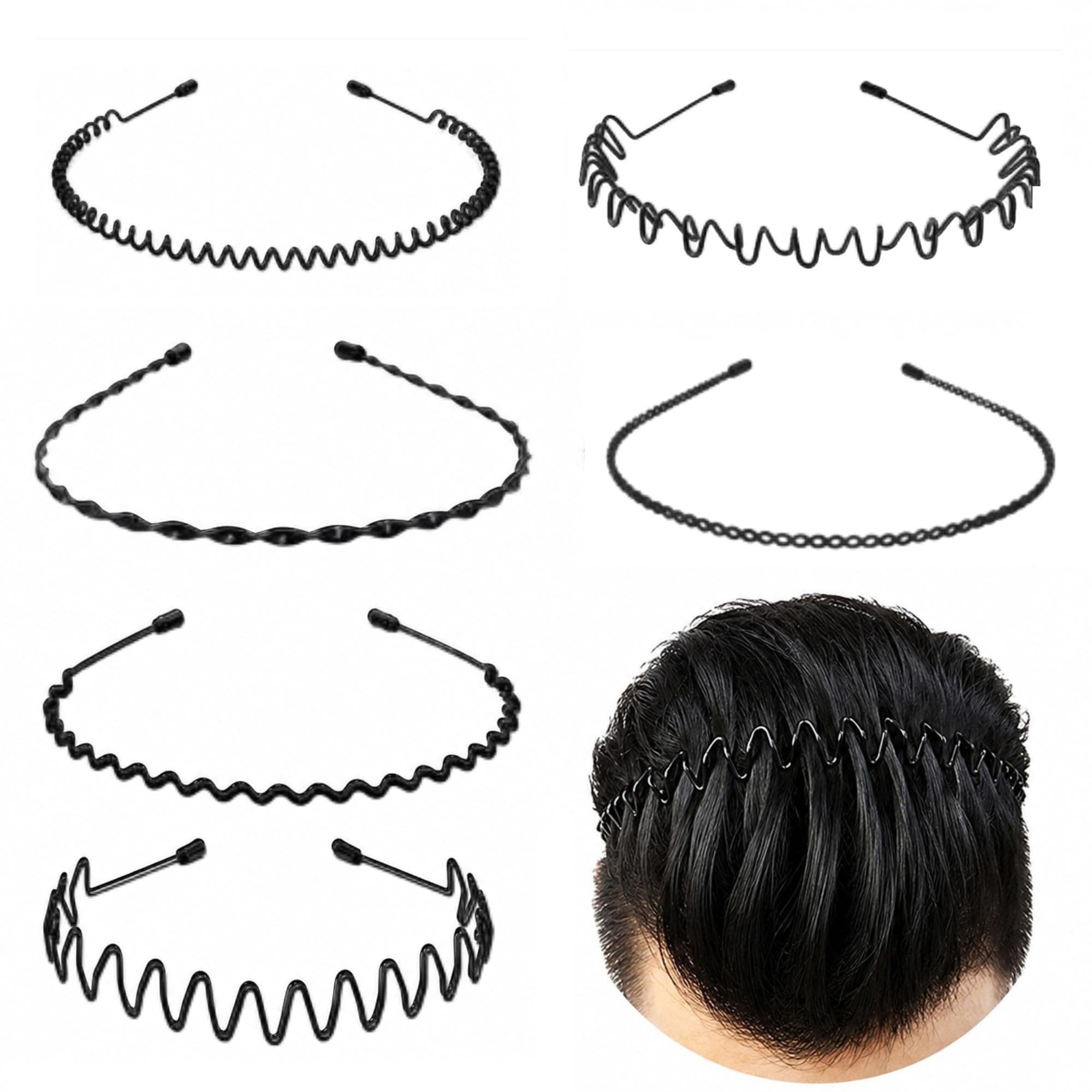 KLNEEDS Black Metal Hair Band for Men – 6 Pcs Thin Wavy Non-Slip Adjustable Headbands for Women & Boys, Sports, Gym, Yoga, Running & Face Wash