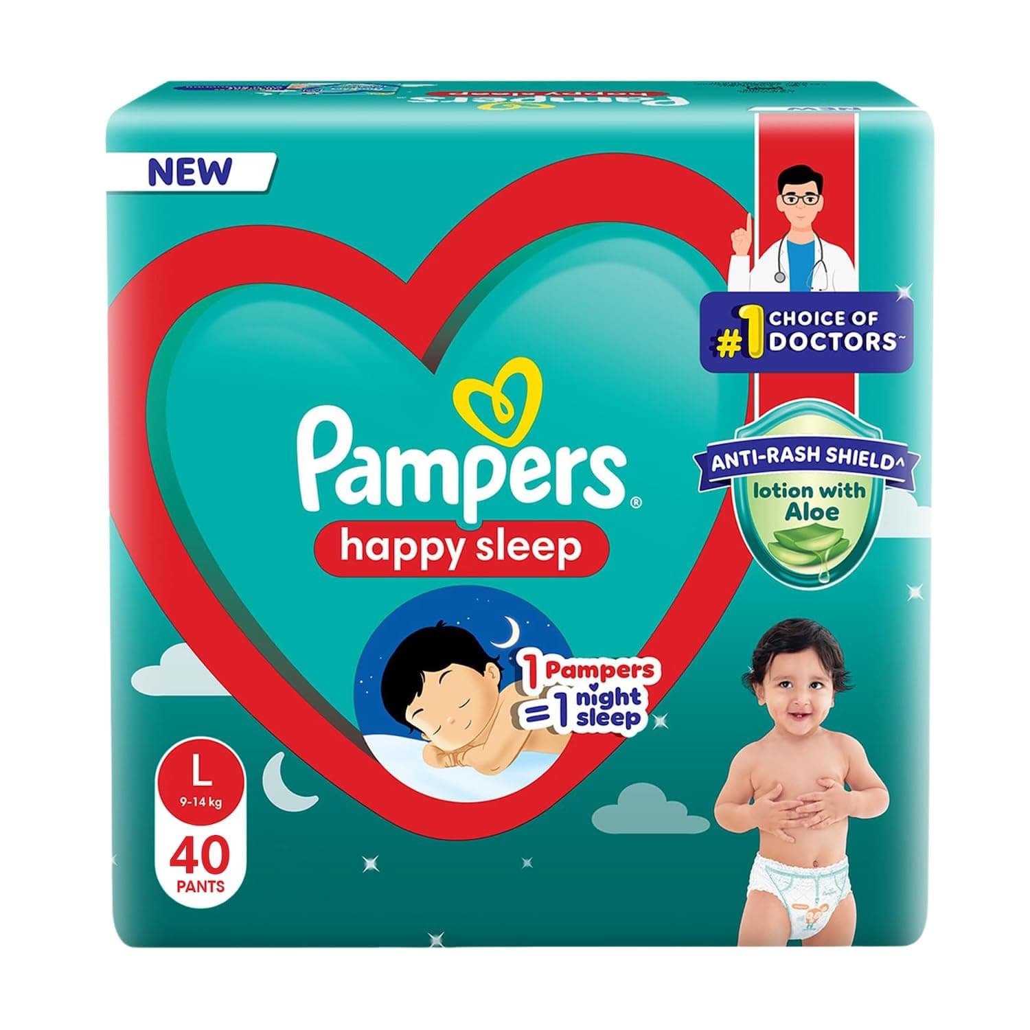 Pampers Happy Sleep Pant Style Baby Diapers, Large (L), 40 Count, 1 Pampers = 1 Night Sleep, with Anti Rash Shield, 9-14 Kg Diapers