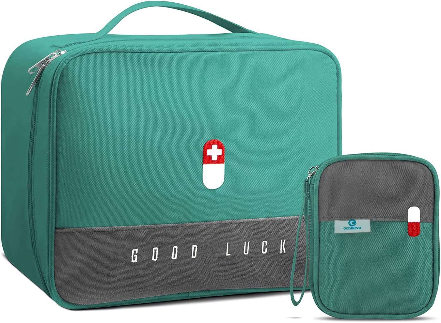 OCEANEVO Medicine Pouch for Travel, Medicine Bag, First Aid Organizer Bag for Home, Office, Travel - Set of 2 - Green ( Cotton )