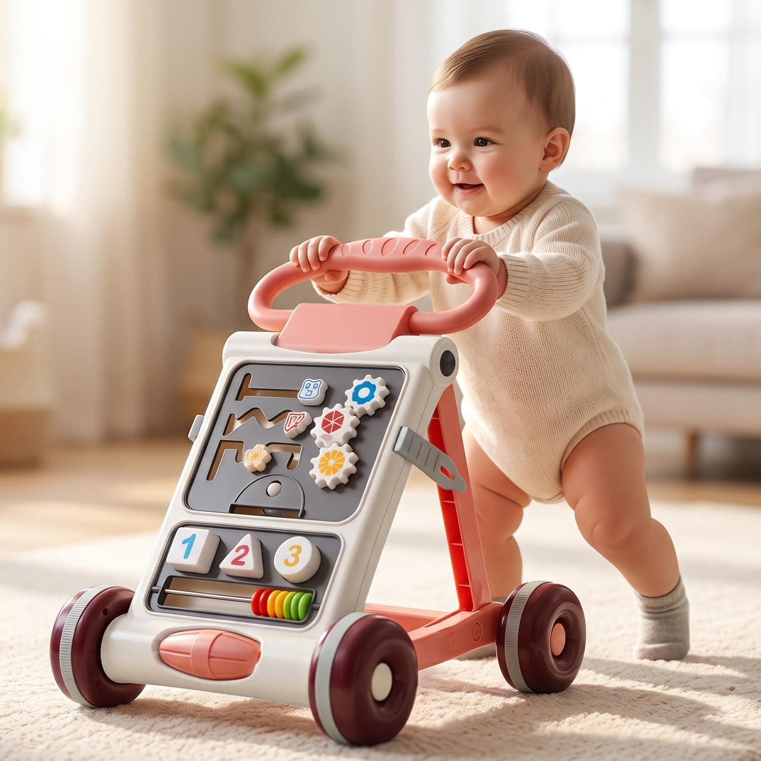 Uonibaby Baby Push Walker, Musical Push Walker for 9 Months+, Toodler Walking Toy for 1 to 2 Years, Interactive Activity Panel with Gears, Shapes, Numbers & Beads, Sturdy Handle & Large Wheels