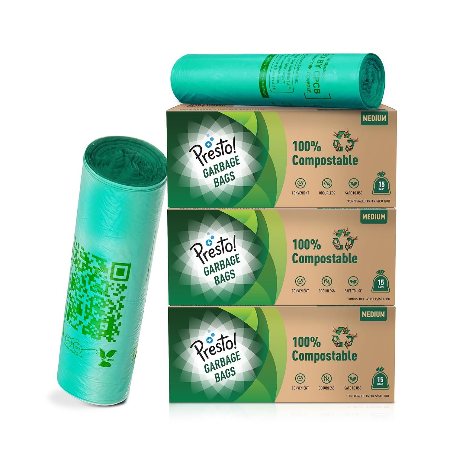 Presto! Amazon Brand - 100% Compostable Garbage Bags | Medium (M) | 45 Counts | 15 Bags X 3 Packs | 19 x 21 Inches | Strong and Durable | For Dry and Wet Waste, Green