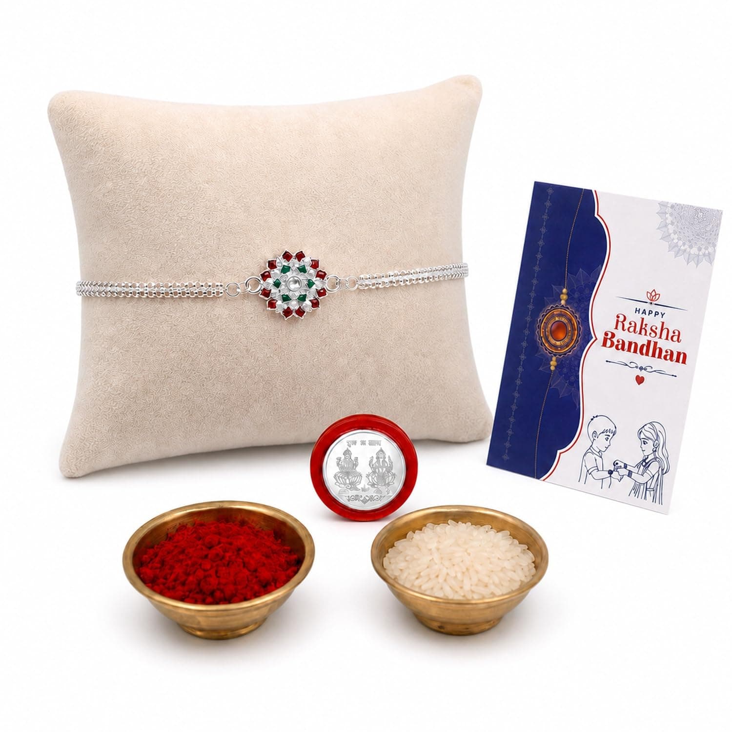 Oblivion Rakhi for Brother – Silver Color Flower Shape Rakhi with Silver Color Pooja Coin, Greeting Card & Roli Chawal, Traditional Raksha Bandhan Festive Celebrations Combo Pack for Bhai (K1_A36)