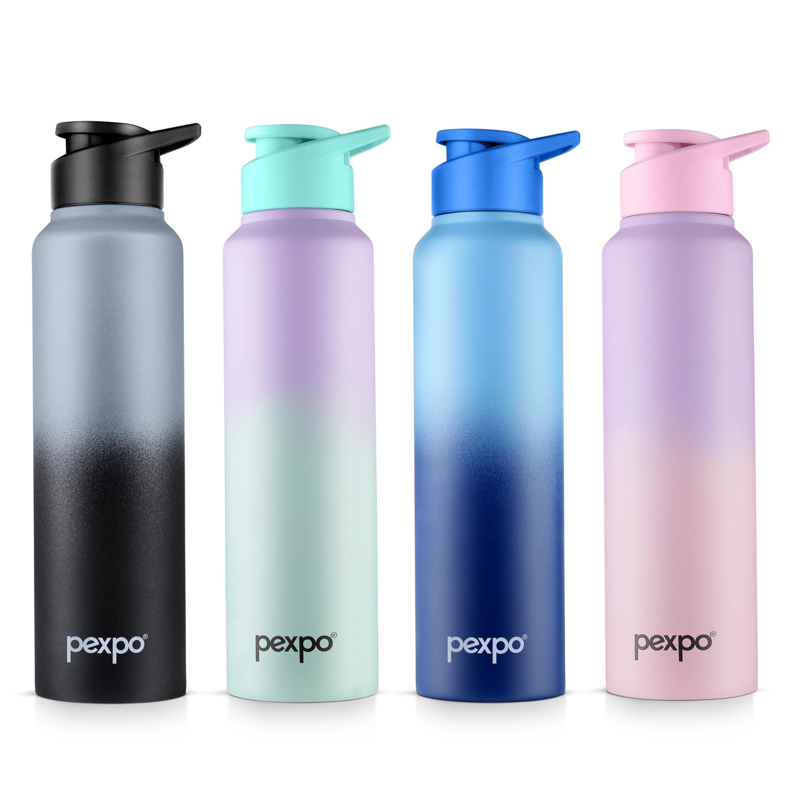 Go24 pexpo Water Bottle 1 ltr Stainless Steel Sports/Fridge Bottle with Sipper Cap (Pack of 4)| Single Wall | For Home, Office, Gym, Travelling | Lightweight | Craft Pro 950ml | Multicolor Ombre