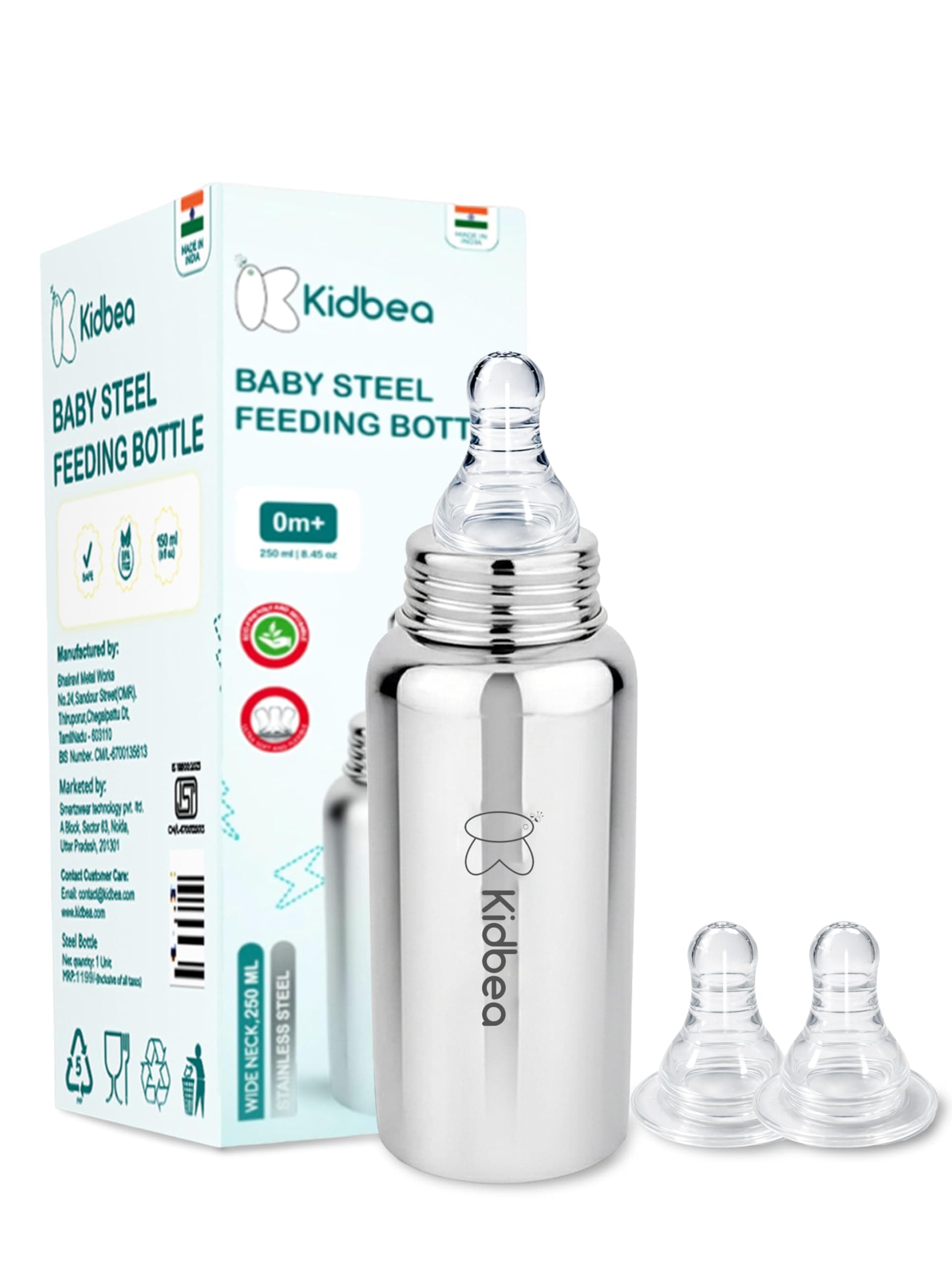 Kidbea 250ml Stainless Steel Baby Feeding Bottle (6m+) with 2 Extra Silicone Nipples | BPA Free Wide Neck Anti-Colic Milk Bottle Feeder
