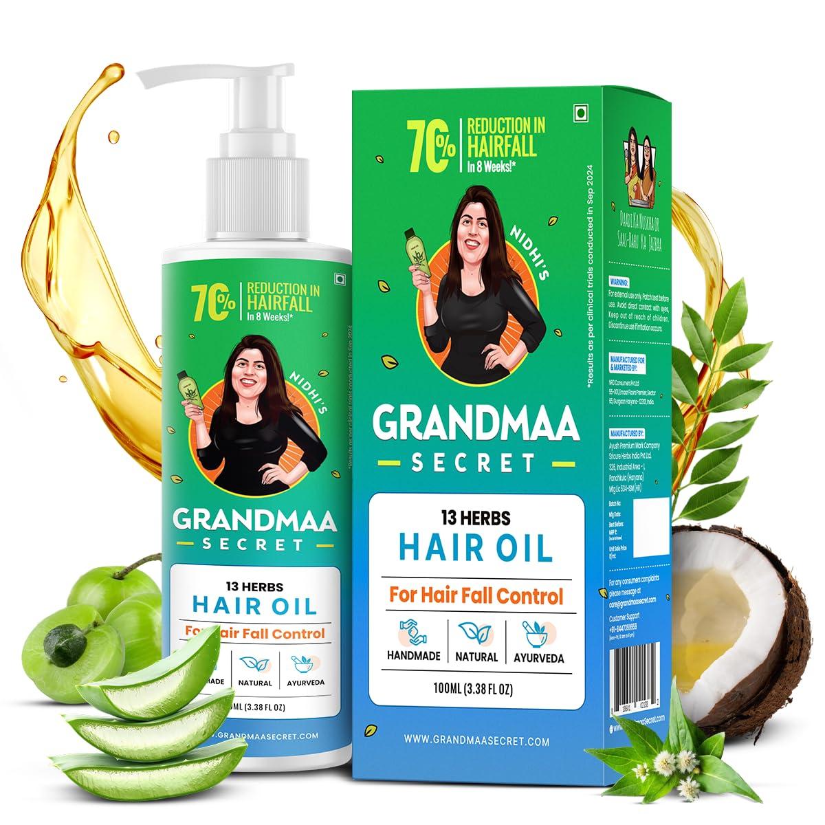 NIDHI’S GRANDMAA SECRET 13 Herbs Hair Oil for Hair Growth & Hair Fall Control | Handmade Oil with Aloe Vera, Curry Leaf & Amla | For Dry, Damaged, Frizzy Hair | Men & Women – 100mL