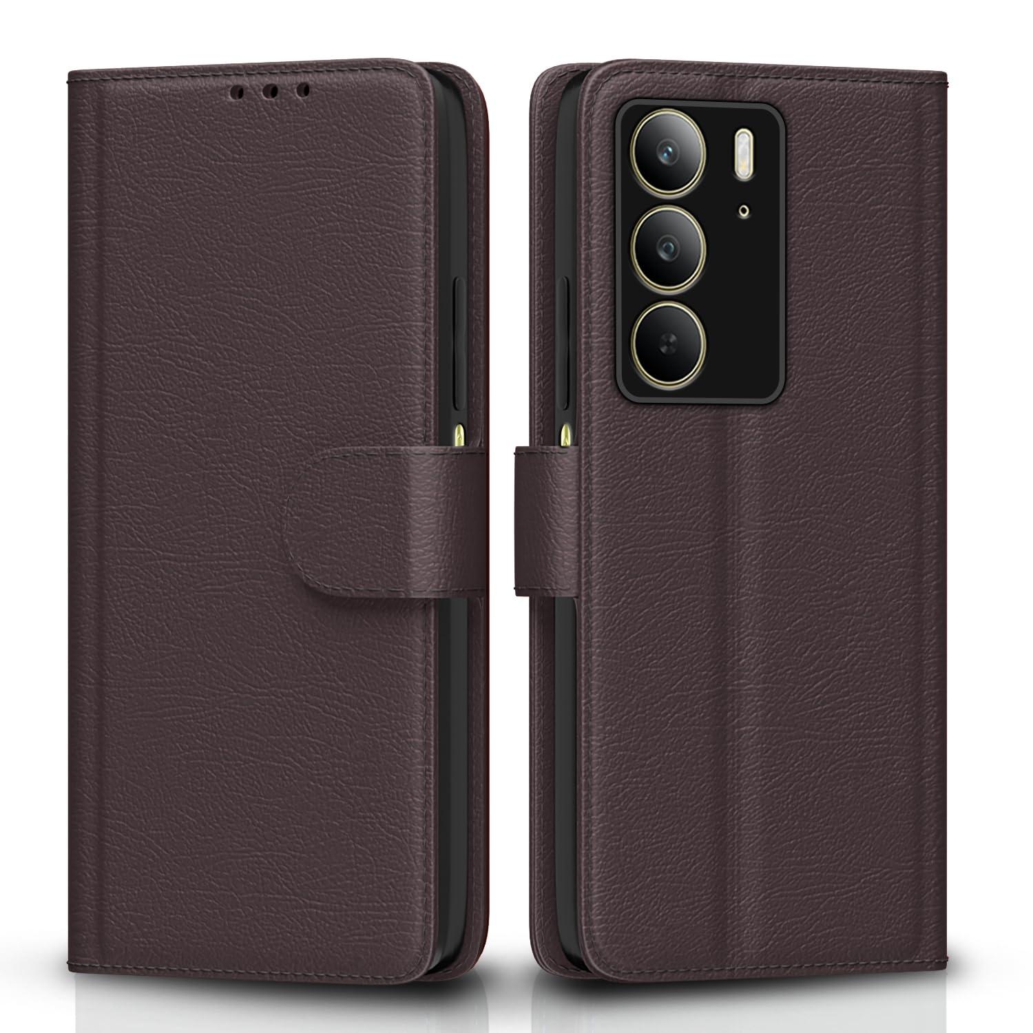 Pikkme Flip Cover Leather Finish | Inside TPU with Card Pockets | Wallet Stand and Shock Proof | Complete Protection Flip Case for Realme C75(Coffee)