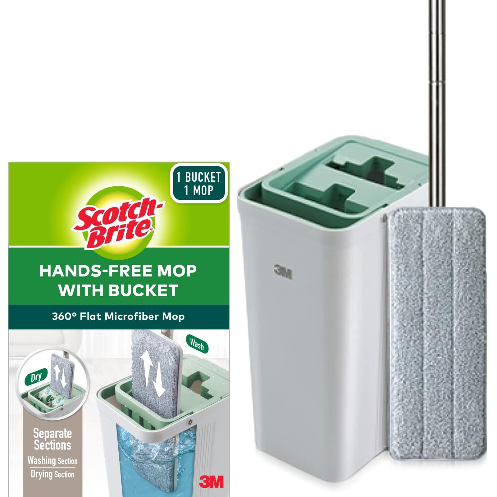 Scotch-Brite Plastic Hands-Free Microfiber Flat Mop with Compact Bucket, Splash Proof Design & Double Scraper for Easy Squeeze (1 Unit)