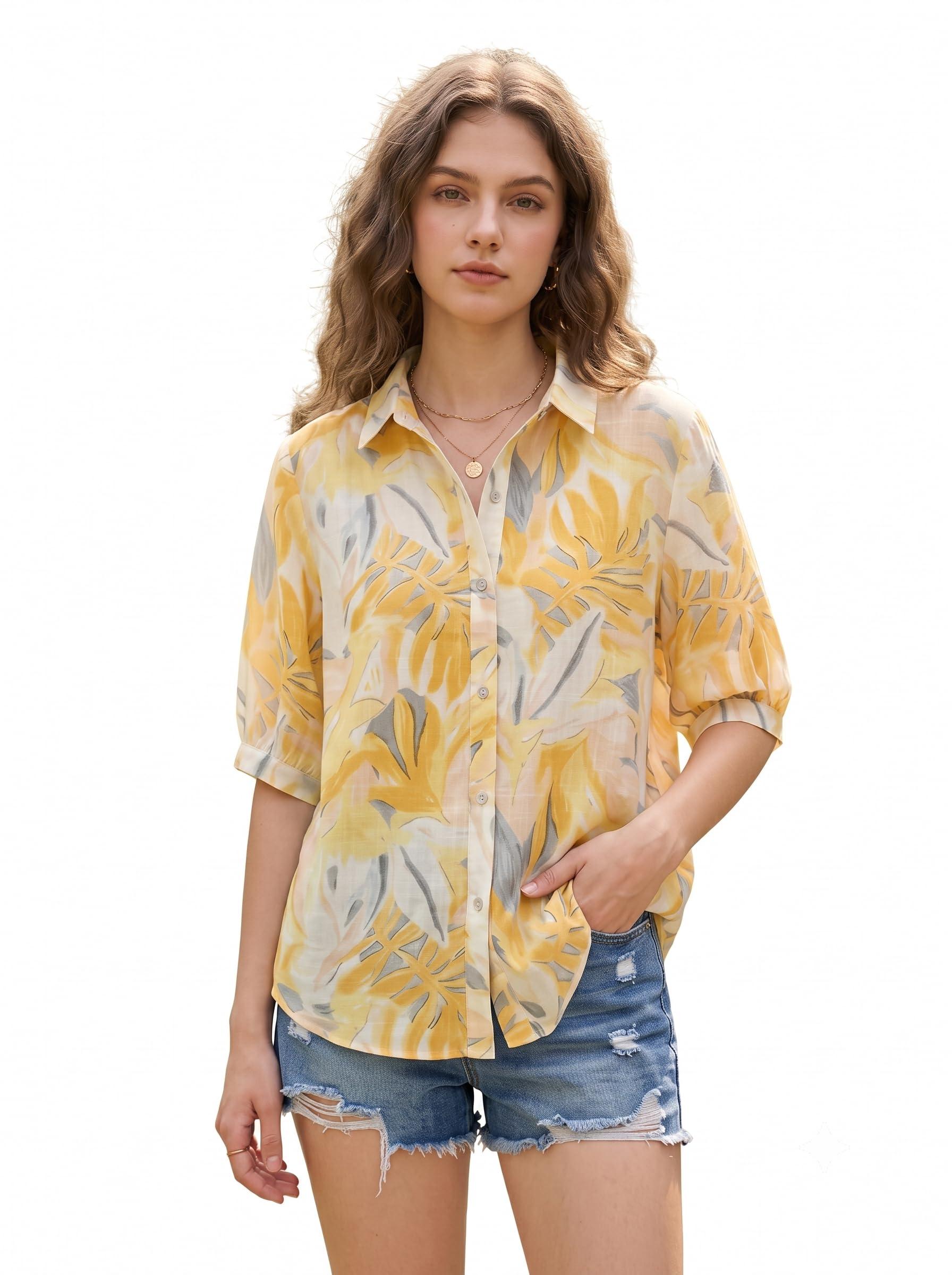 Women's Casual Shirt - Stylish Printed Long Top for Women & Girls | Elegant Shirt for Women | Breathable Summer Tops for Women (in, Alpha, 2XL, Yellow)
