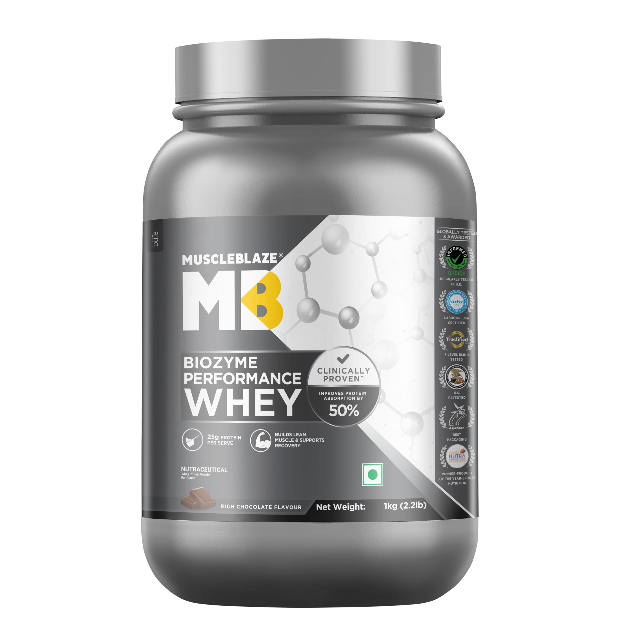 MuscleBlaze Biozyme Performance Whey Protein Powder, 1kg (2.2lbs)