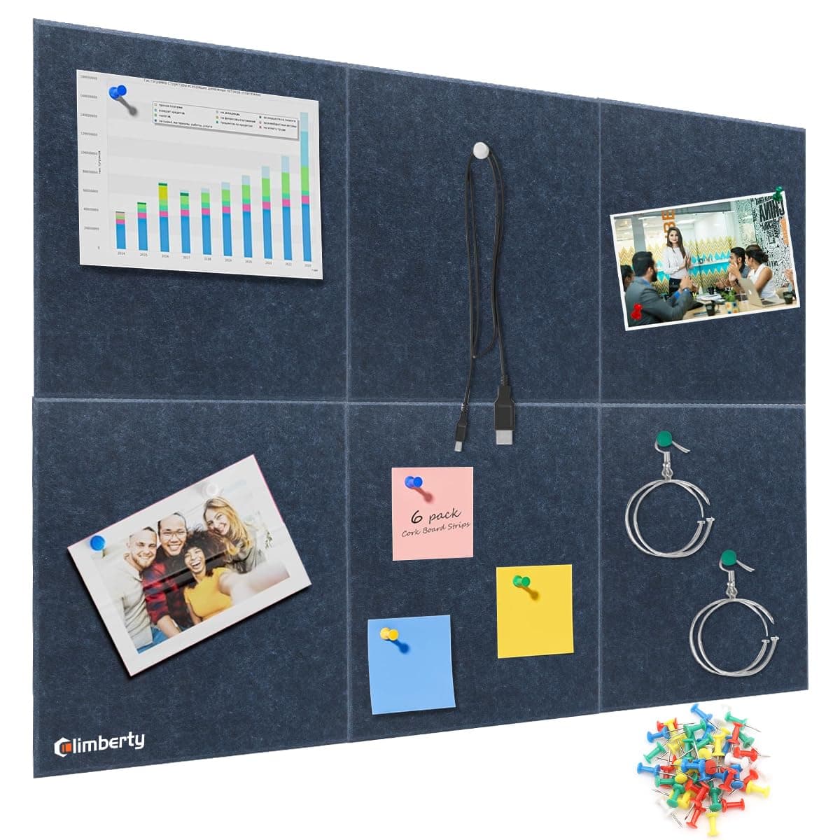 Climberty® 6-Piece Felt Board Bulletin Board, 30x30cm Self-Adhesive Wall Panel, with 50 Pushpins, Felt Message Board for Notes, Photos and Schedules (Blue)