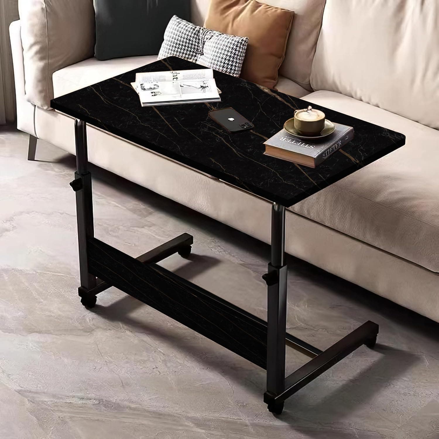 Torche Ironwood Multipurpose Height Adjustable Movable Table for Computer & Laptop Table with Wheels for Home & Office (Big-Granite)-Black Frame