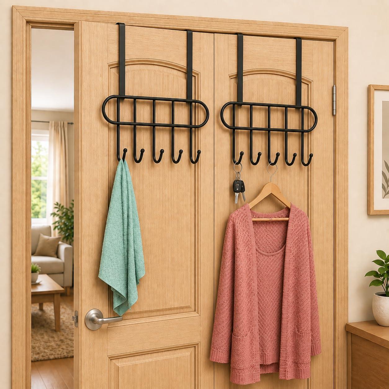 Boniry 2 Pcs Over The Door Hook Hanger Adhesive Hooks Heavy Duty Wall Hooks Waterproof Stainless Steel Hooks for Hanging Coat, Hat,Towel Robe Hook Rack Wall Mount- Bathroom and Bedroom Black