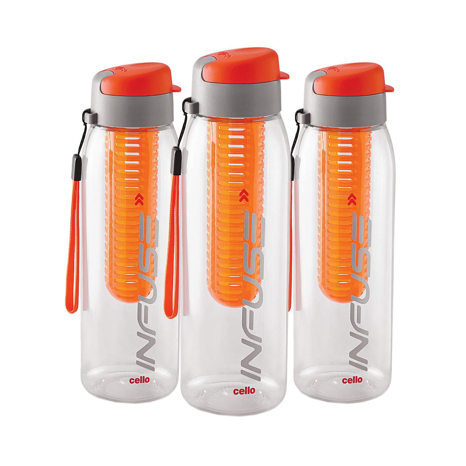 CELLO Infuse Water Bottle Set of 3, 800ml, Orange | Food Grade Unbreakable Detox Bottle with Infuser Chamber | Reusable Leakproof Lightweight Easy to Carry Fridge Pet Bottle For Home, Gym & Outdoor