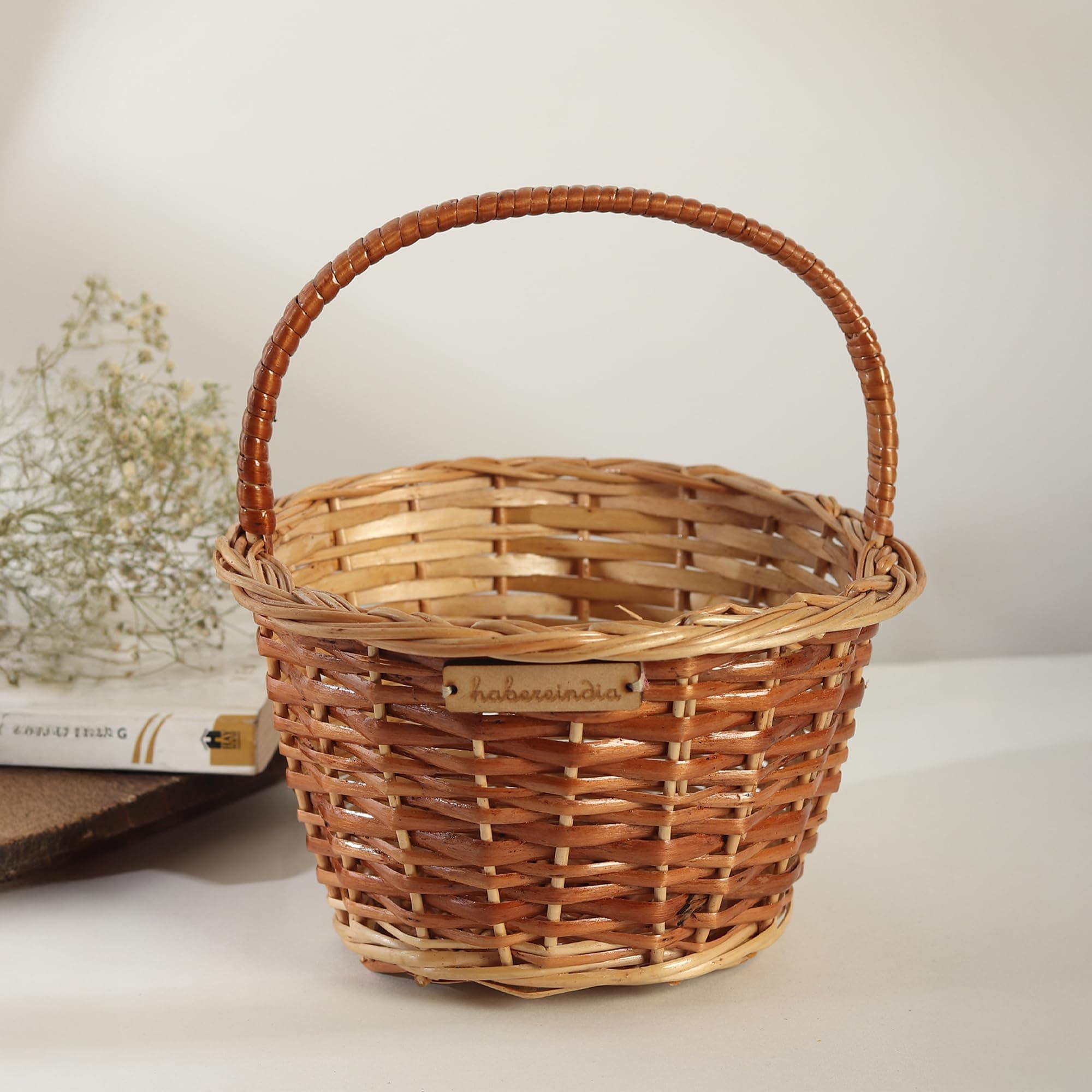 Habere India-All the Cultures Fabricating India Gift Hamper Wicker Baskets | Decorative Storage Baskets | Cane Toys Organiser | Wicker Fruit Basket, Round, Brown (S - Dia 20 x H 10 cm)