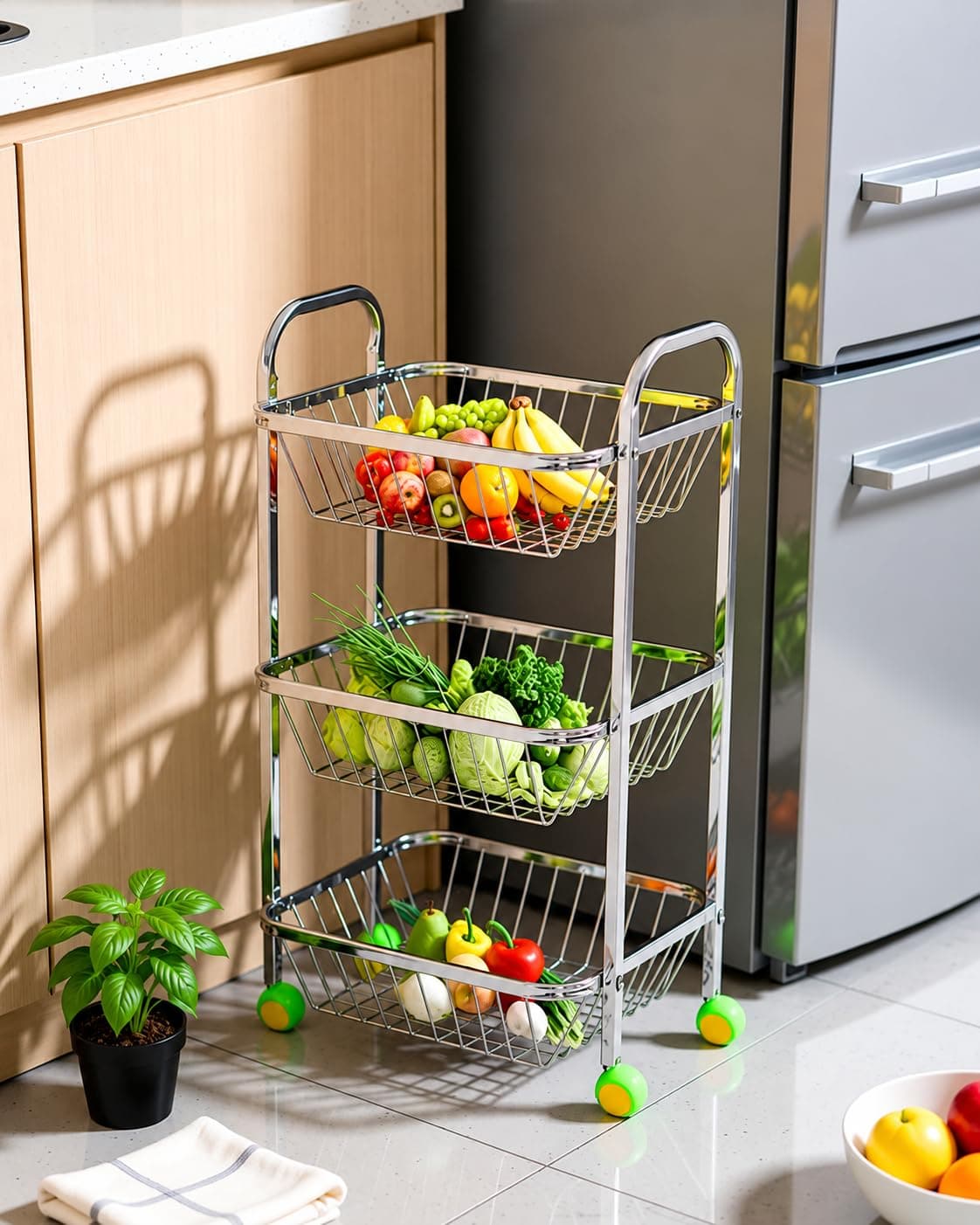 PRO ASTROL Stainless Steel 3-Tier Kitchen Trolley with Wheels, Vegetable and Fruit Storage Organizer Basket Rack Stand.