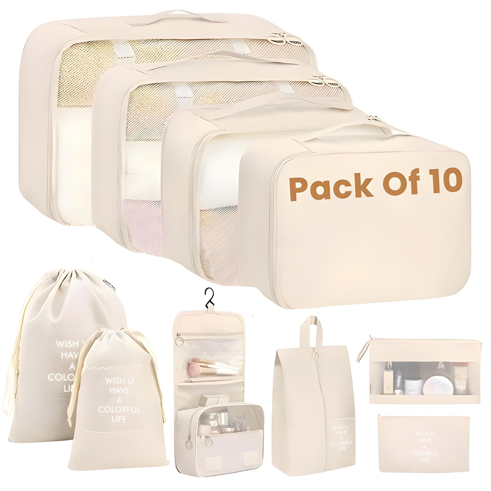 Oceanevo Set of 10 Pieces Packing Cubes Organiser for Travel, Travel Organizer Bags for Luggage, Suitcase Includes 2 Drawstring Bags, Shoe Bag and Toiletry Bag with Hook - Set of 10 - Beige