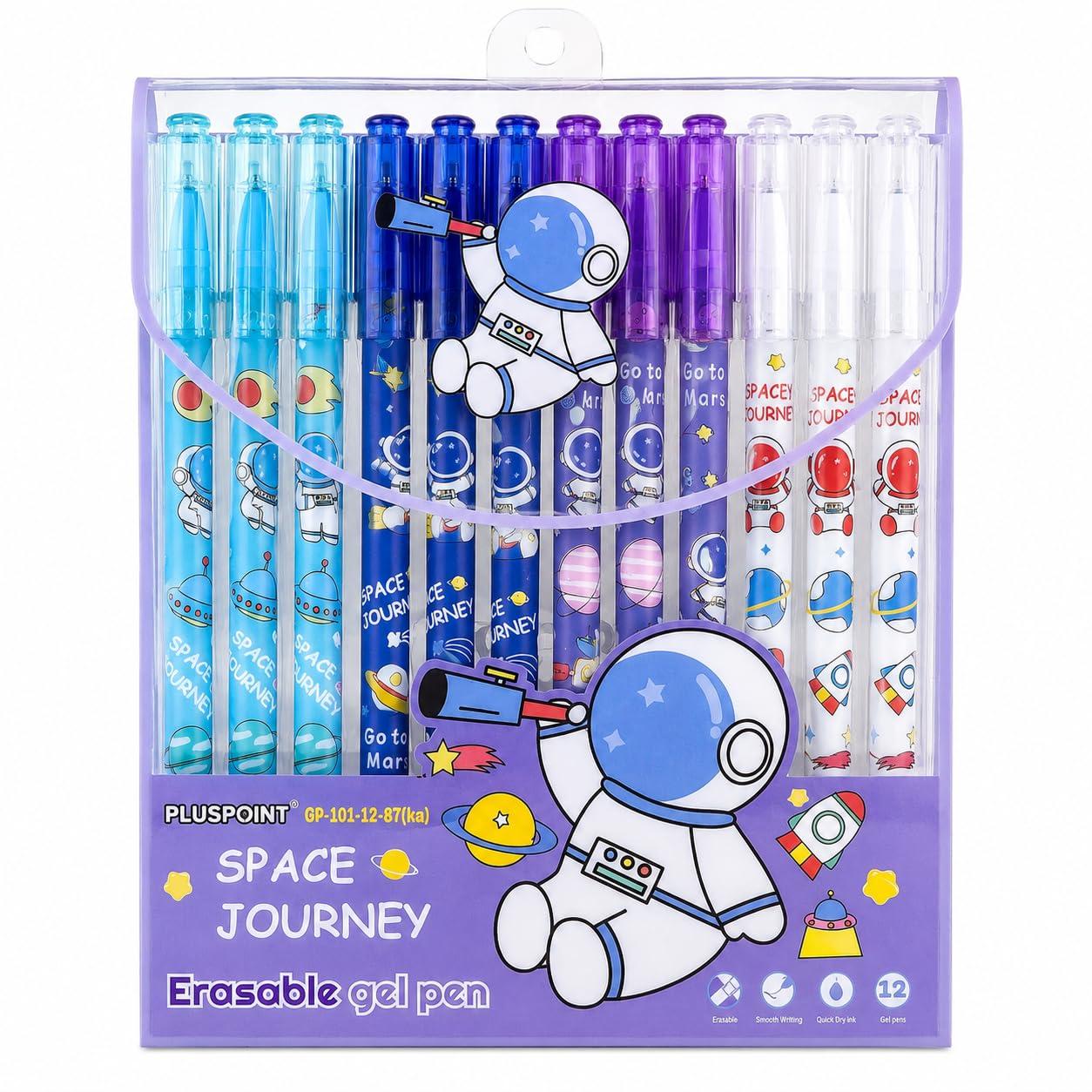 PLUSPOINT Space Theme Erasable Gel Pens Set of 12 | 0.5mm Blue Ink Astronaut Pens for Kids | Cute Cartoon Writing Pens for School, Journal, Project Work & Stationery for Boys & Girls