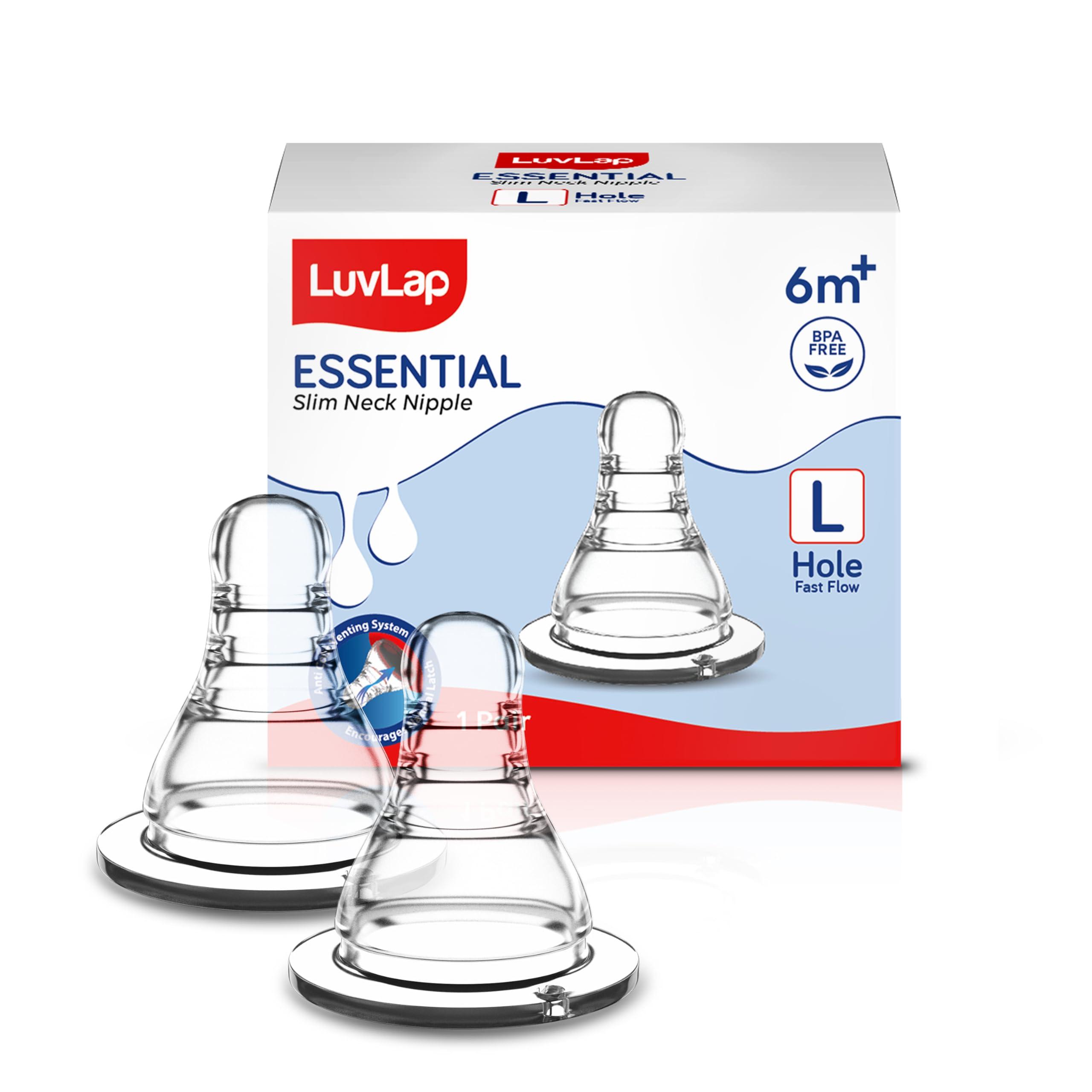 LuvLap Anti-Colic Essential Teat/Nipple for Slim Neck Bottle,2pcs Fast Flow, 6m+, Made of Soft & Flexible Silicone, Ergonomic Shape, Mimics Breastfeeding, Leak Proof, BPA Free, Comes with Sturdy Base