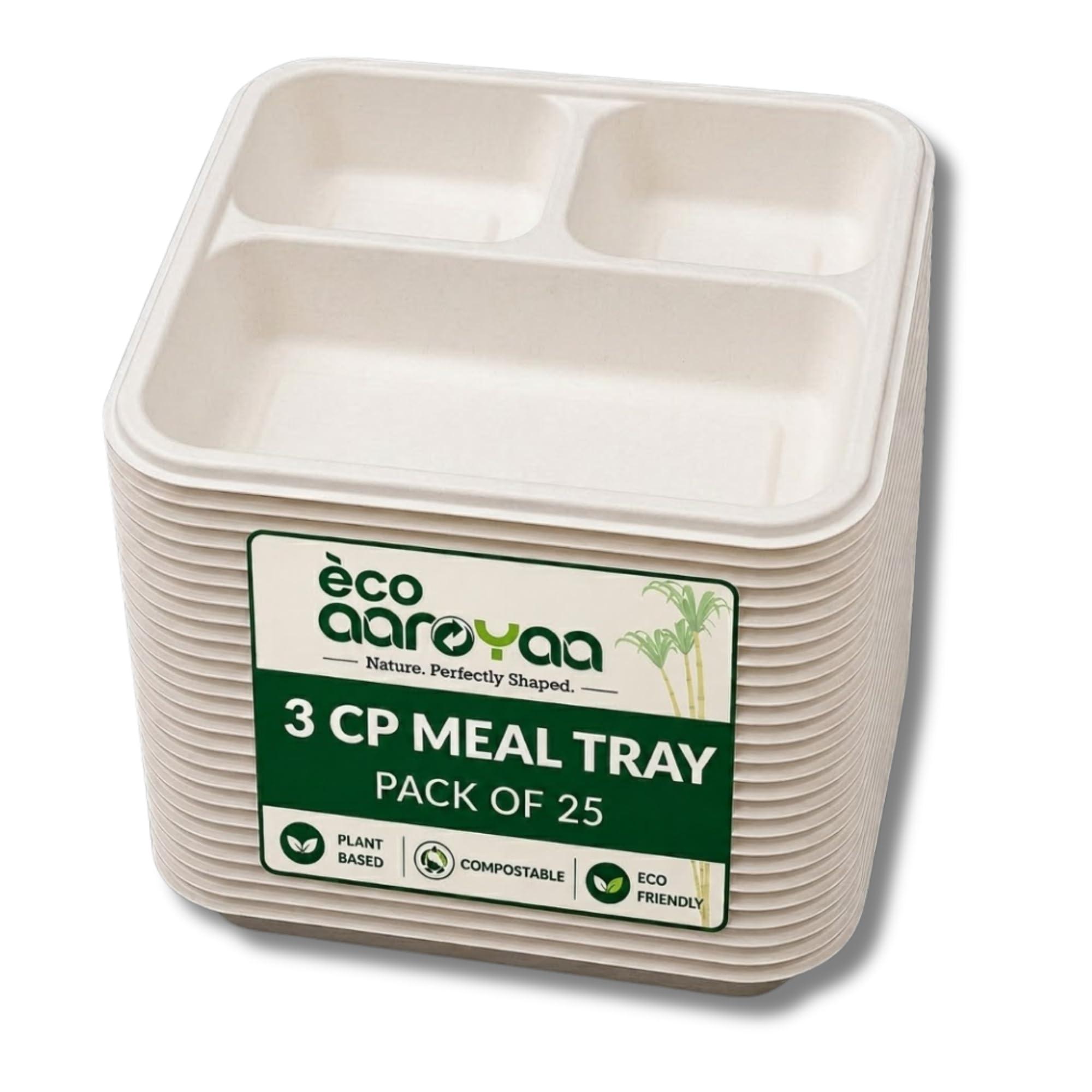 AAROYAA Eco Bagasse 3 Compartment Meal Trays (9-Inch) – Eco-Friendly Bagasse Disposable Plates - Strong Oil & Water Resistant Disposable Plates with Compartments (9-Inch, Pack of 25)