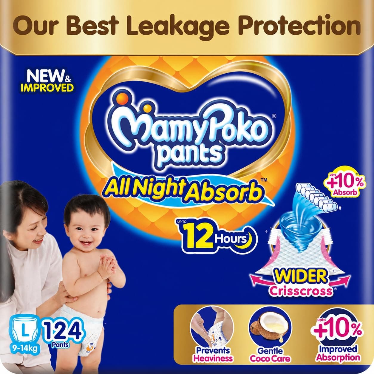 Mamypoko pants All night absorb| Pant Style Baby Diapers Large Size(L), 124 Count,(62*2) Ideal for 9-14Kgs|1 Diaper= Upto All night Absorption|Wider Crisscross Sheet|Gentle Coco Care| 12hr Leakage Protection| Prevents Heaviness.