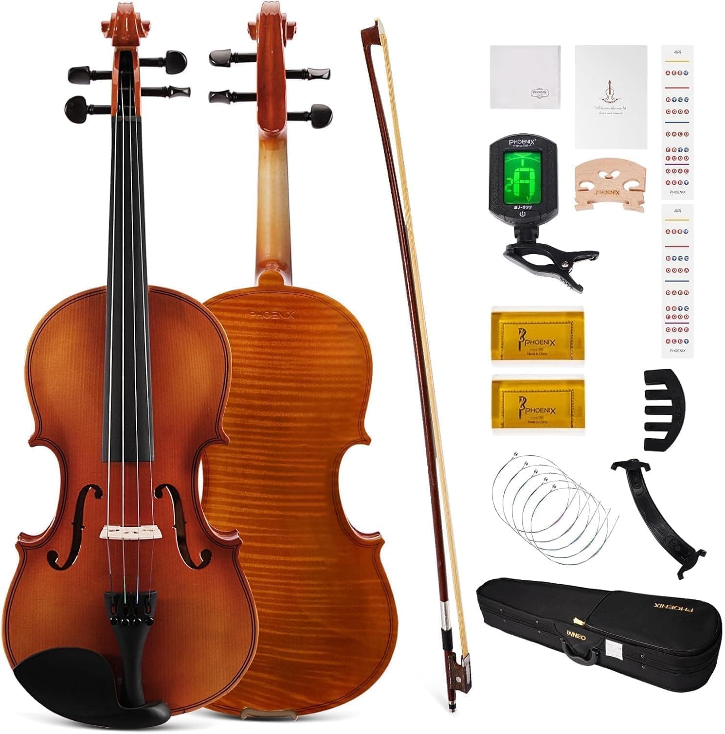 PHOENIX Violin 4/4 Full Size Kit, Violin Fiddle Set for Beginner Adults Student with Rosewood Bow, Extra Strings & Bridge, 2 Rosins, Tuner, Case, Mute, Fingerboard Stickers, Shoulder Rest
