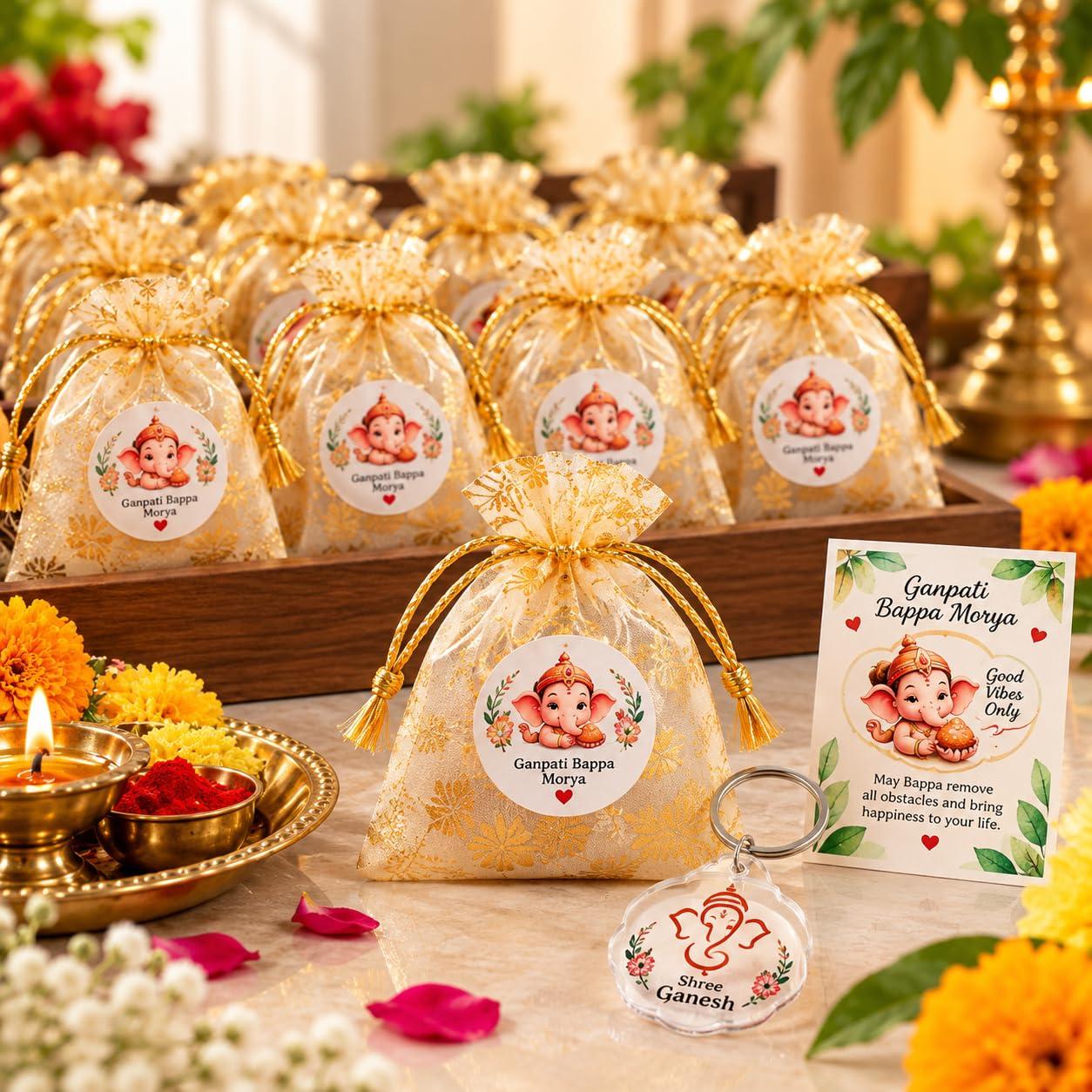 Mei & More Ganpati Return Gifts for Guests Pack of 10 | Acrylic Ganesh Keychain with Decorative Potli & Thank You Card | Ganpati Bappa Morya Return Gift Set | Ganesh Chaturthi Puja Gift
