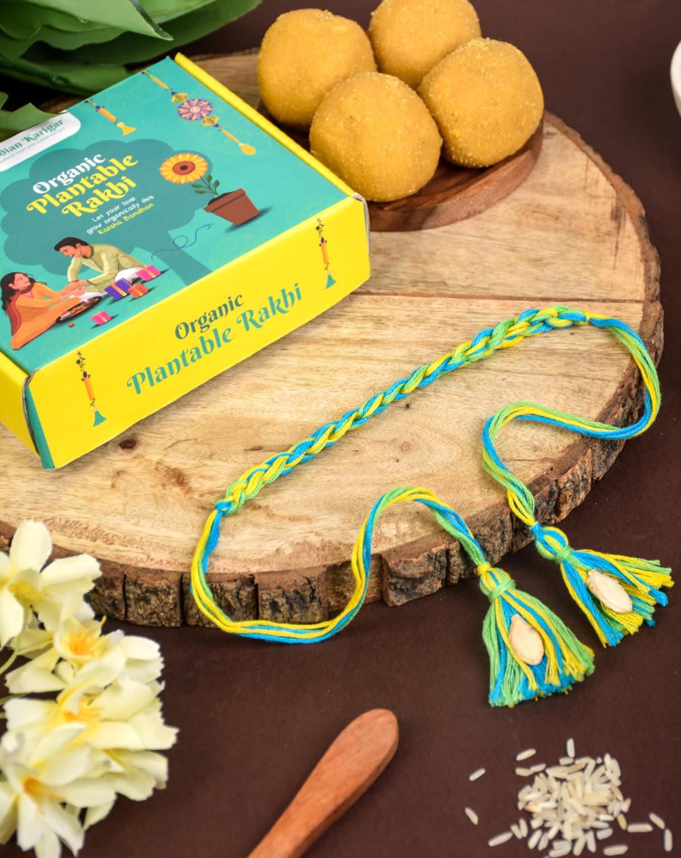 Indian Karigar Organic Plantable Rakhi for Brother with Gift Combo Set Seed Plantable Rakhi Combo with Wax Candle Puja Essentials and Greeting Card in Rakhi Gift Box Rakhi for Brother & Bhabhi