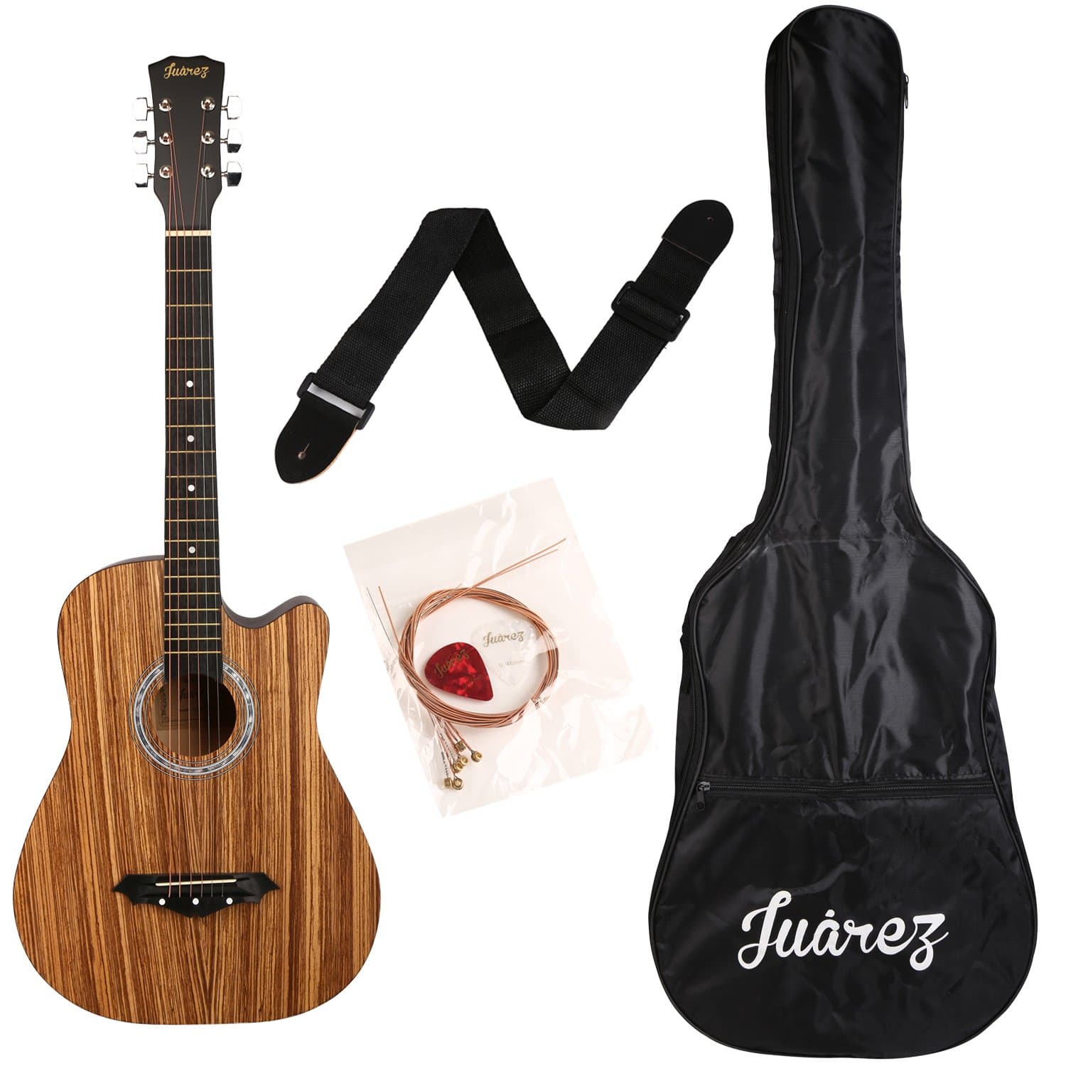 JUÂREZ JRZ38C/ZEB 6 Strings Acoustic Guitar 38 Inch Cutaway, Right Handed, Zebrawood with Bag, Strings, Picks and Strap