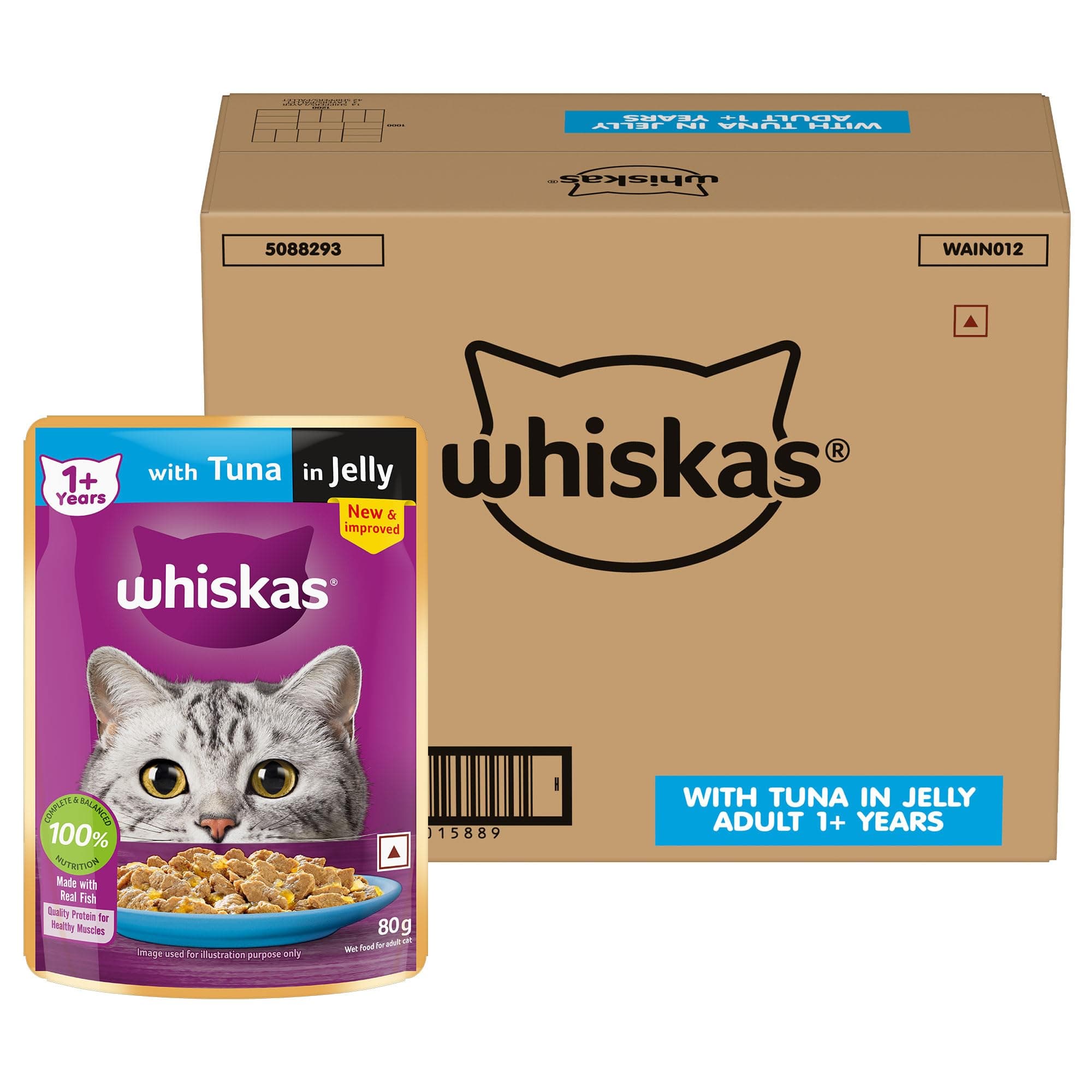 Whiskas Adult (1+ Years) Wet Cat Food, Tuna in Jelly, 80 g (Pack of 112), Hydrating Food Made With Real Fish, 100% Complete & Balanced Nutrition for Adult Cats