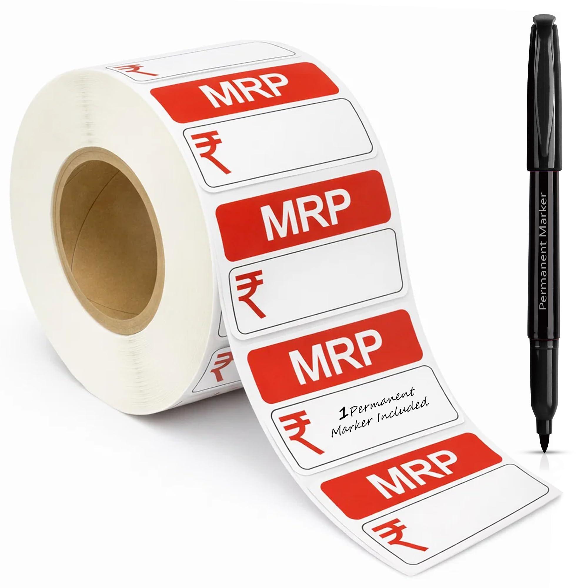 GLUN® MRP Price Stickers 1000 Labels + 1 Black Permanent Marker | 38x25 mm Self Adhesive MRP Price Tags | Blank Printable & Handwriting Labels for Retail Shops