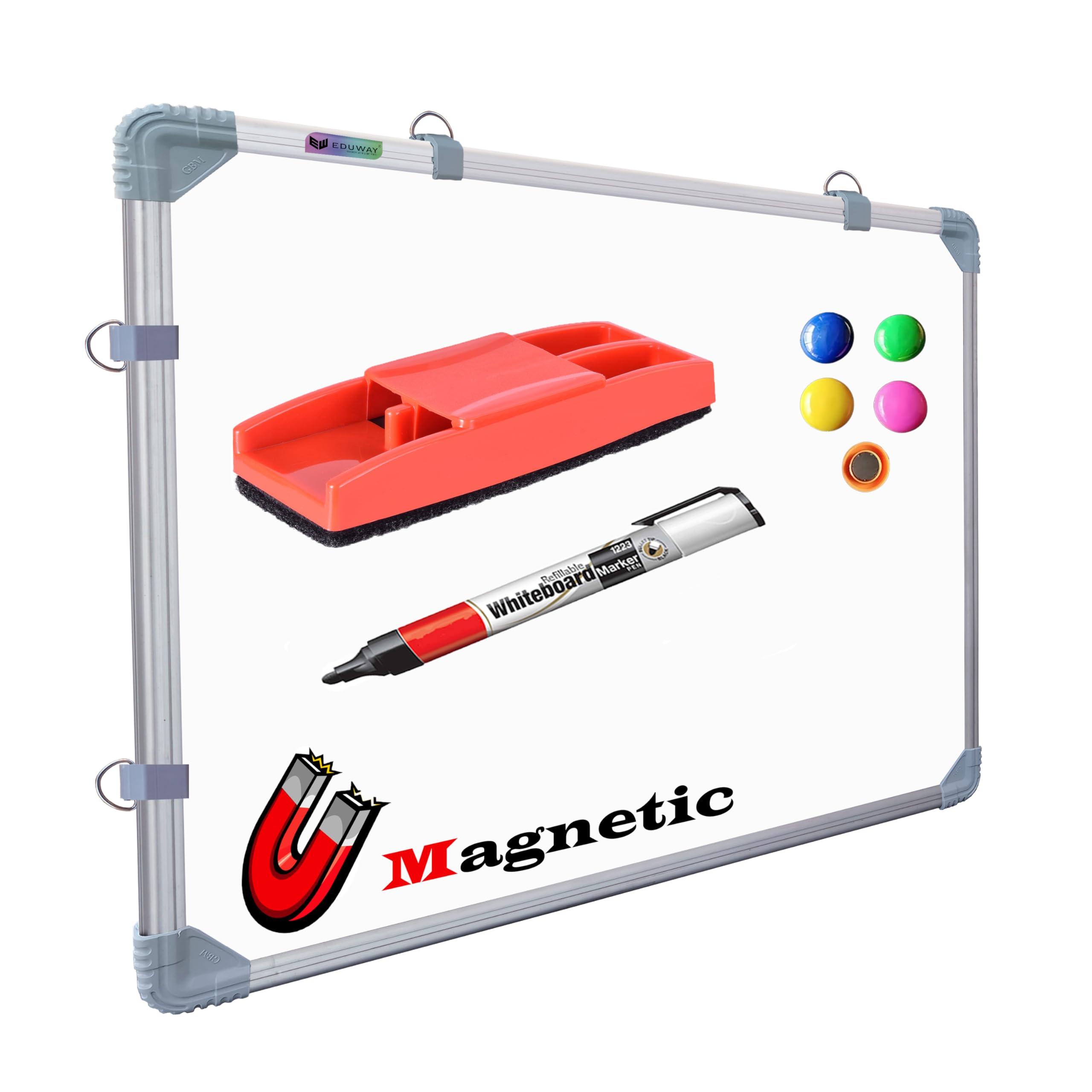 Eduway (Magnetic) 3x2 Feet White Board with (Marker, Duster and Magnets) | Ideal Use for Home, Office, Kids with Sliding Hanging Clips, Robust Aluminum Frame and Smooth Melamine Surface (89x59 Cms).